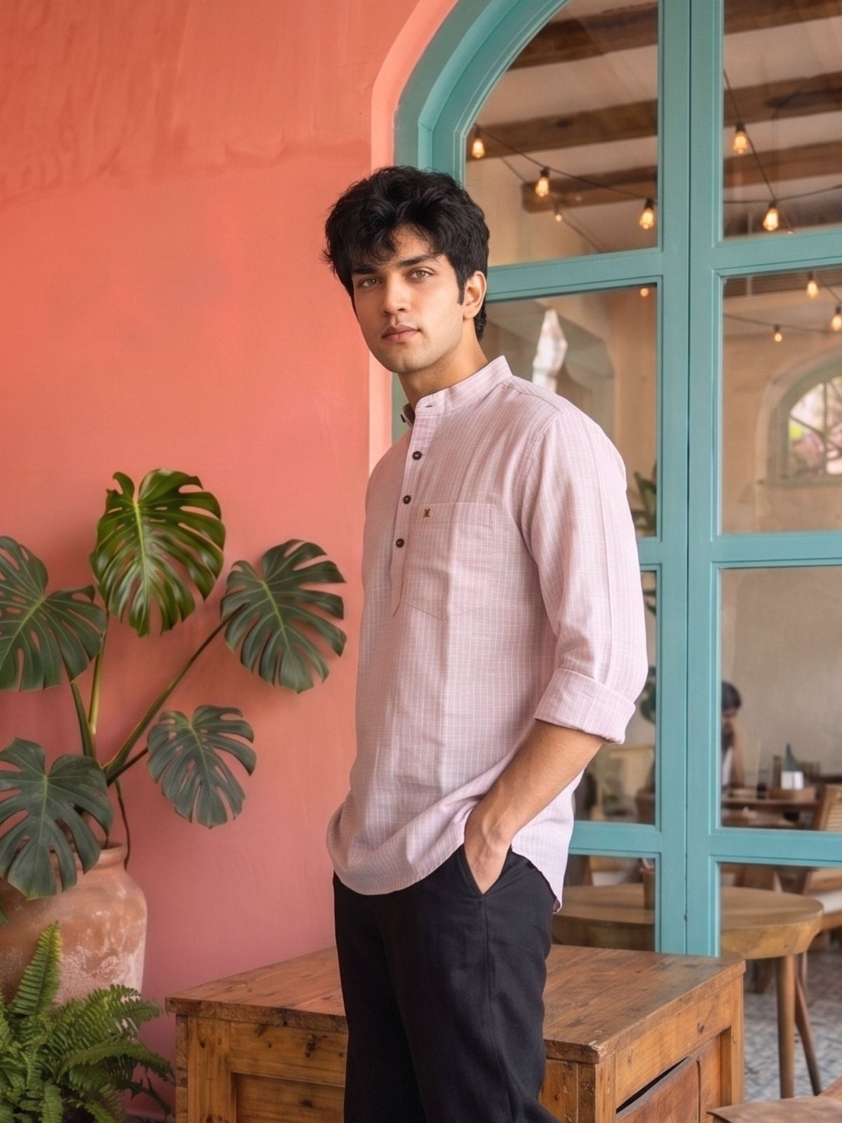 Soft Pink Textured Short Kurta - Jaipuri Crown
