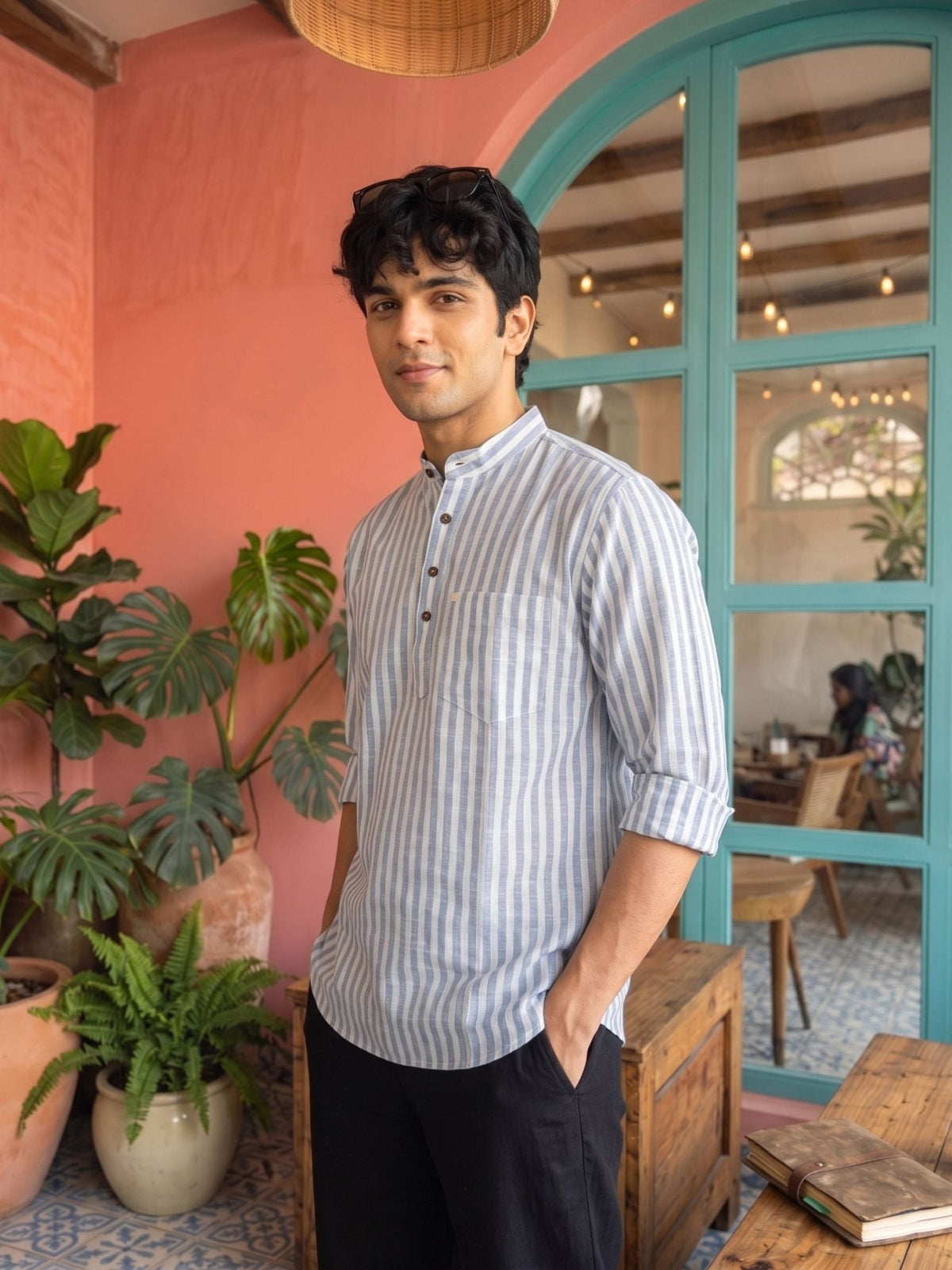 Steel Blue Heritage Short Kurta - Jaipuri Crown