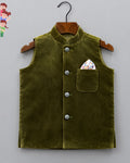 Stylish Kid's Nehru Jacket in Velvet Green - Jaipuri Crown