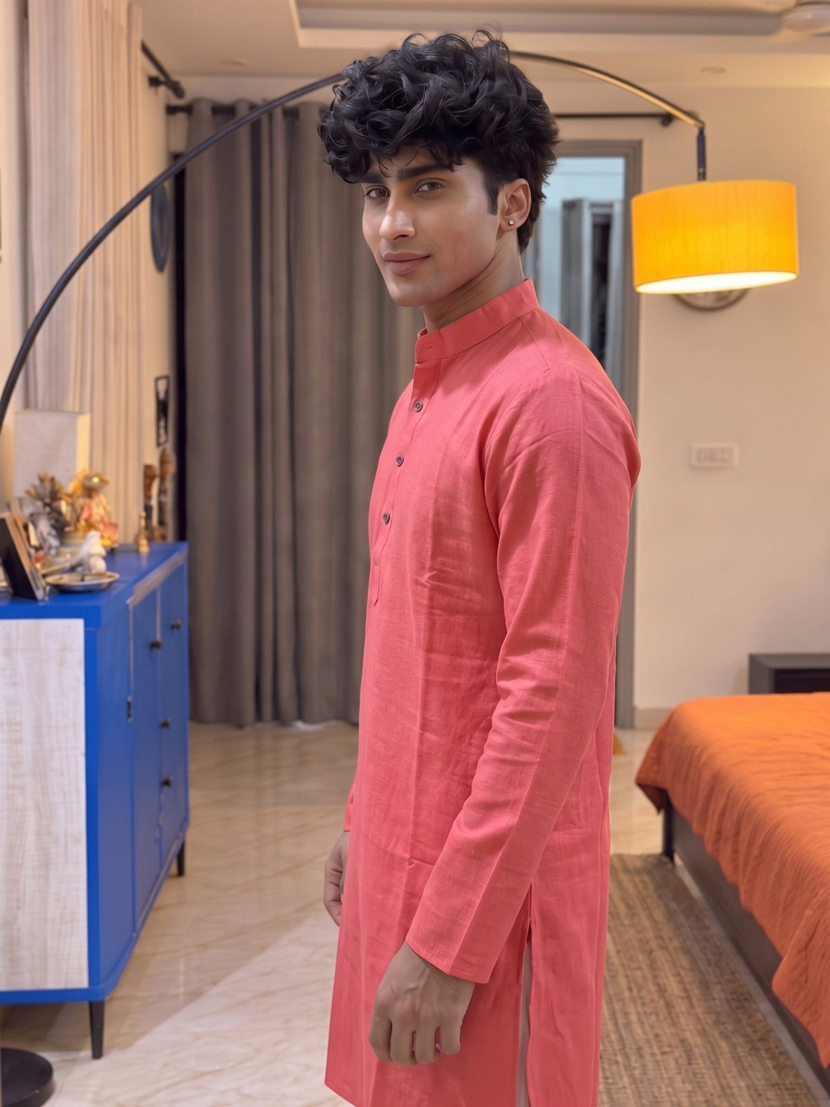 Stylish Plan Long Kurta in Coral - Jaipuri Crown