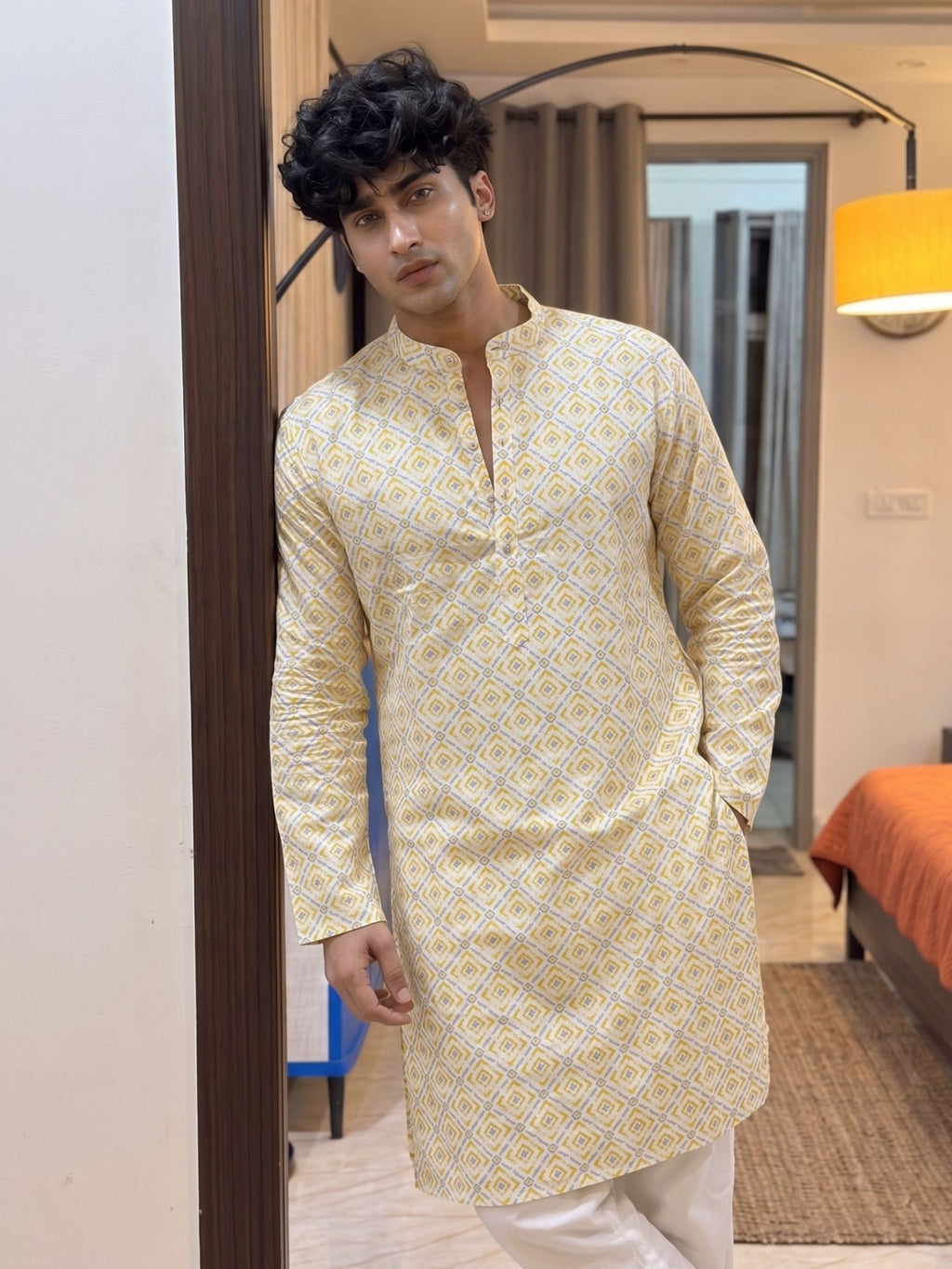 Stylish Printed Long Kurta in Yellow - Jaipuri Crown