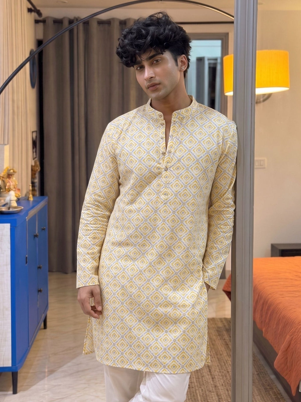 Stylish Printed Long Kurta in Yellow - Jaipuri Crown