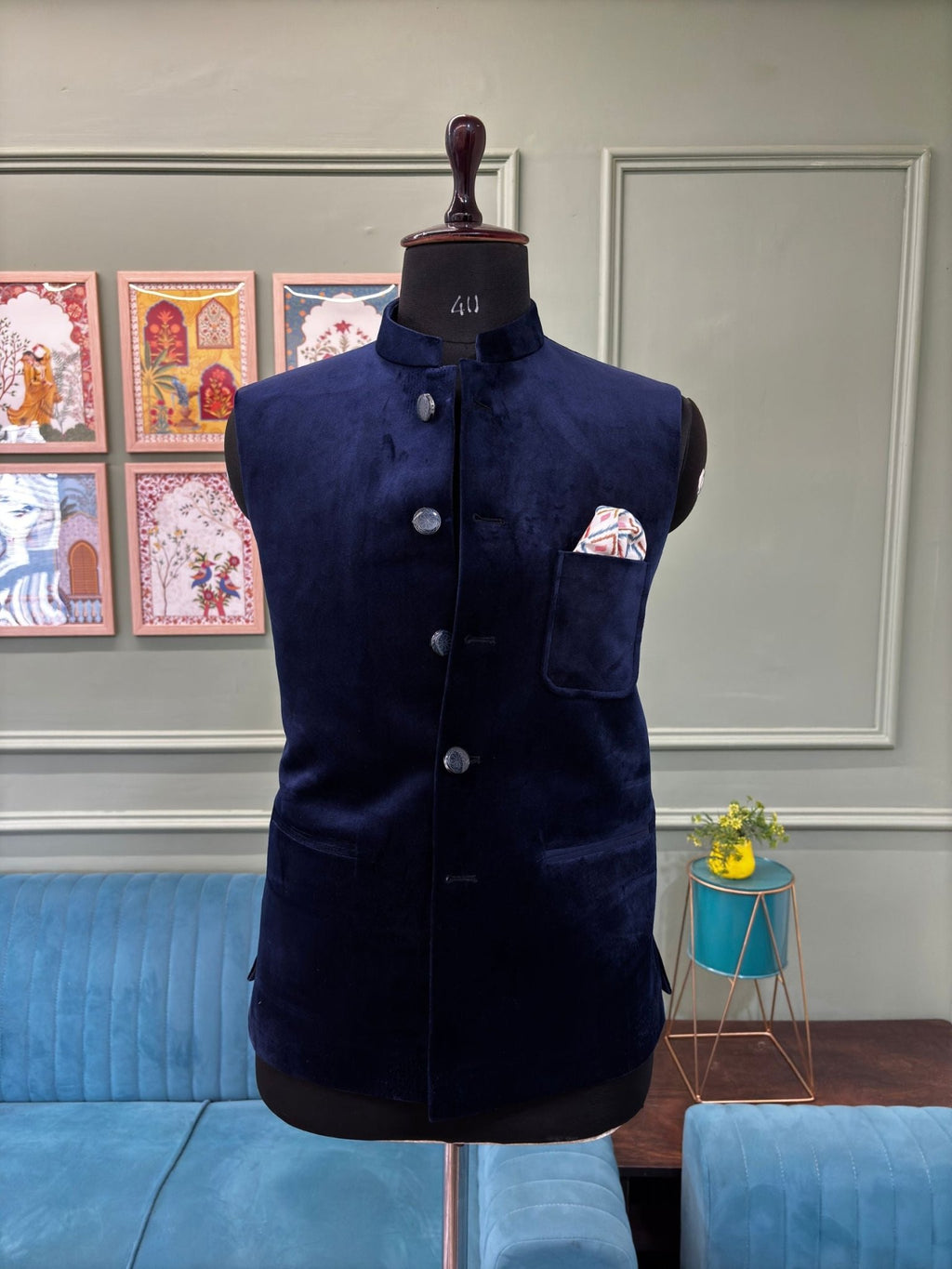 Stylish Velvet Nheru Jacket - Blue - Jaipuri Crown