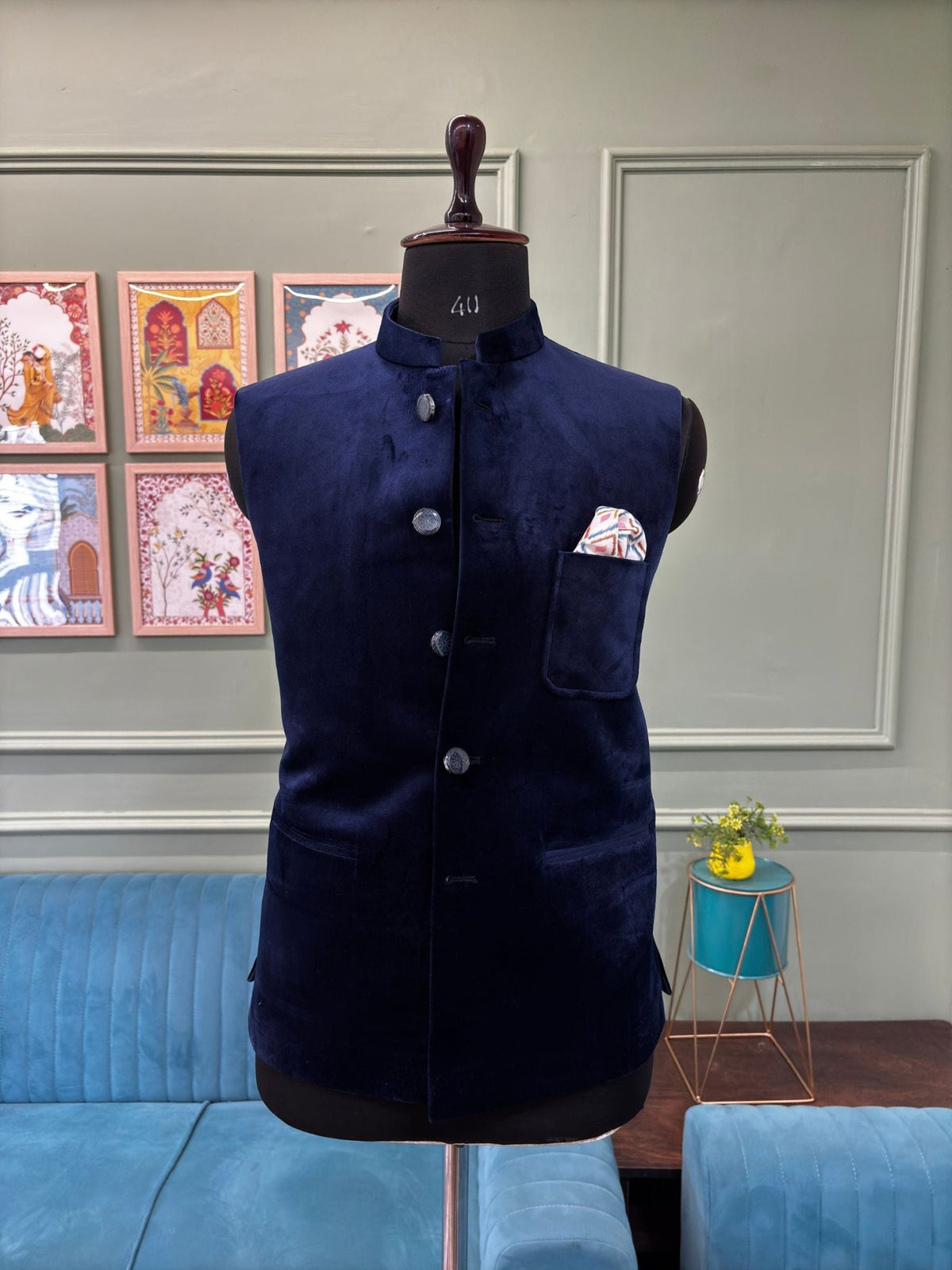 Stylish Velvet Nheru Jacket - Blue - Jaipuri Crown