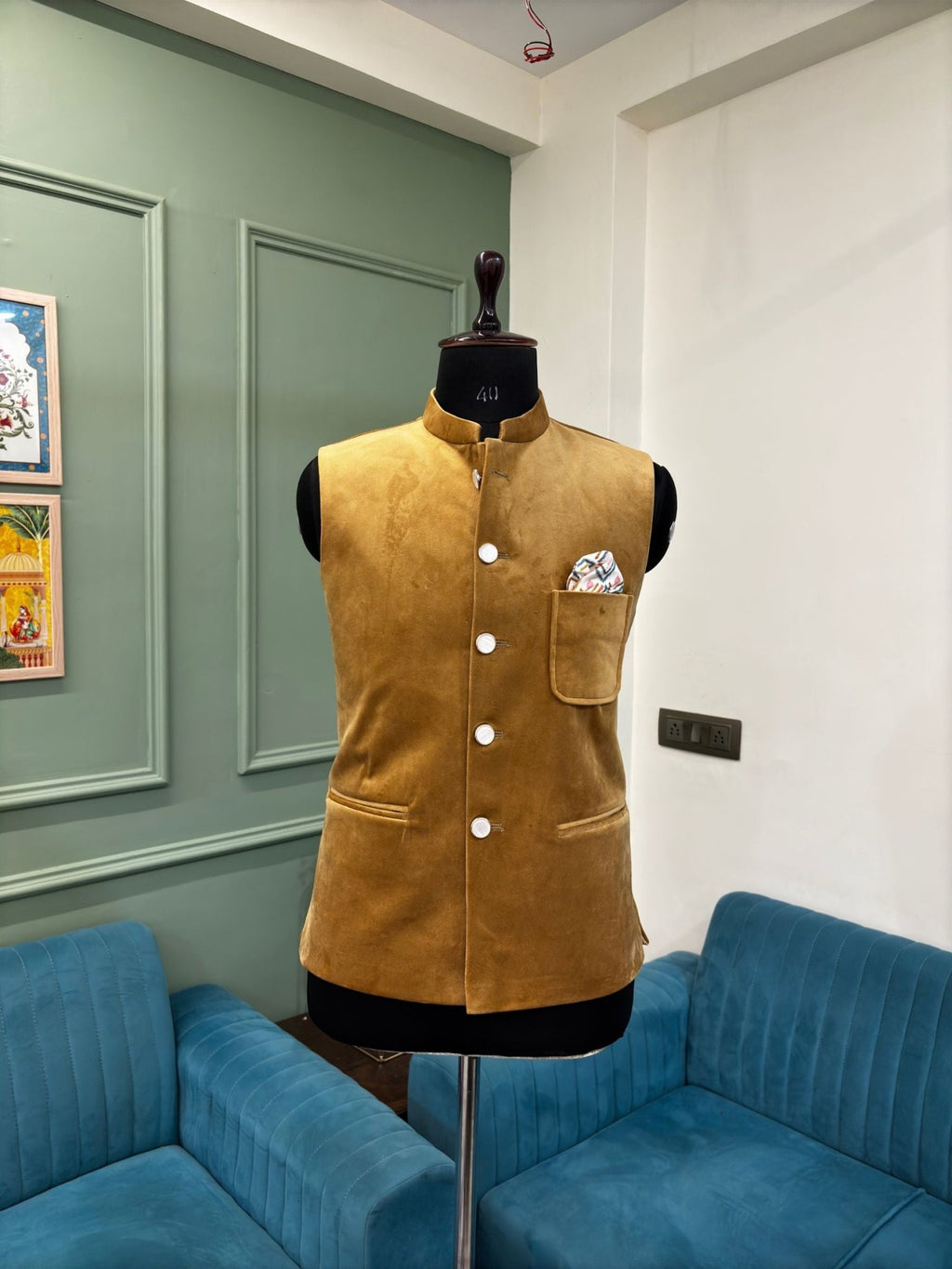 Stylish Velvet Nheru Jacket- Camel - Jaipuri Crown