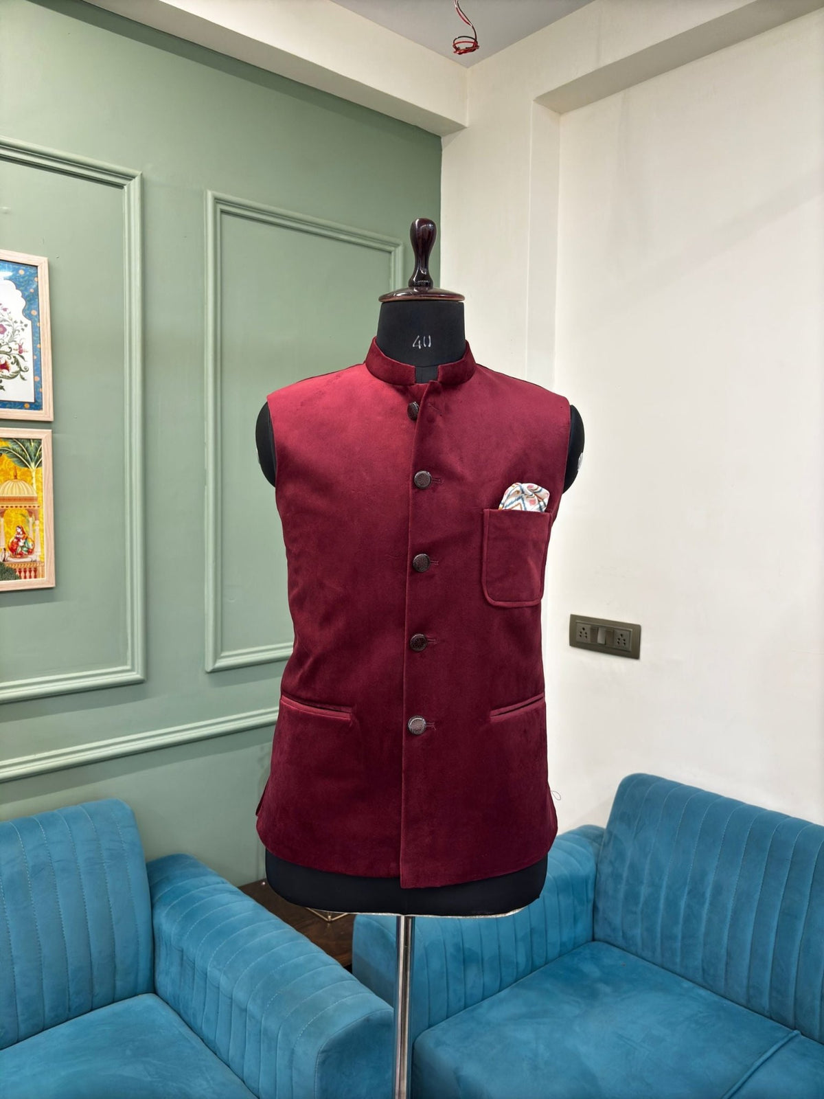 Stylish Velvet Nheru Jacket - Maroon - Jaipuri Crown