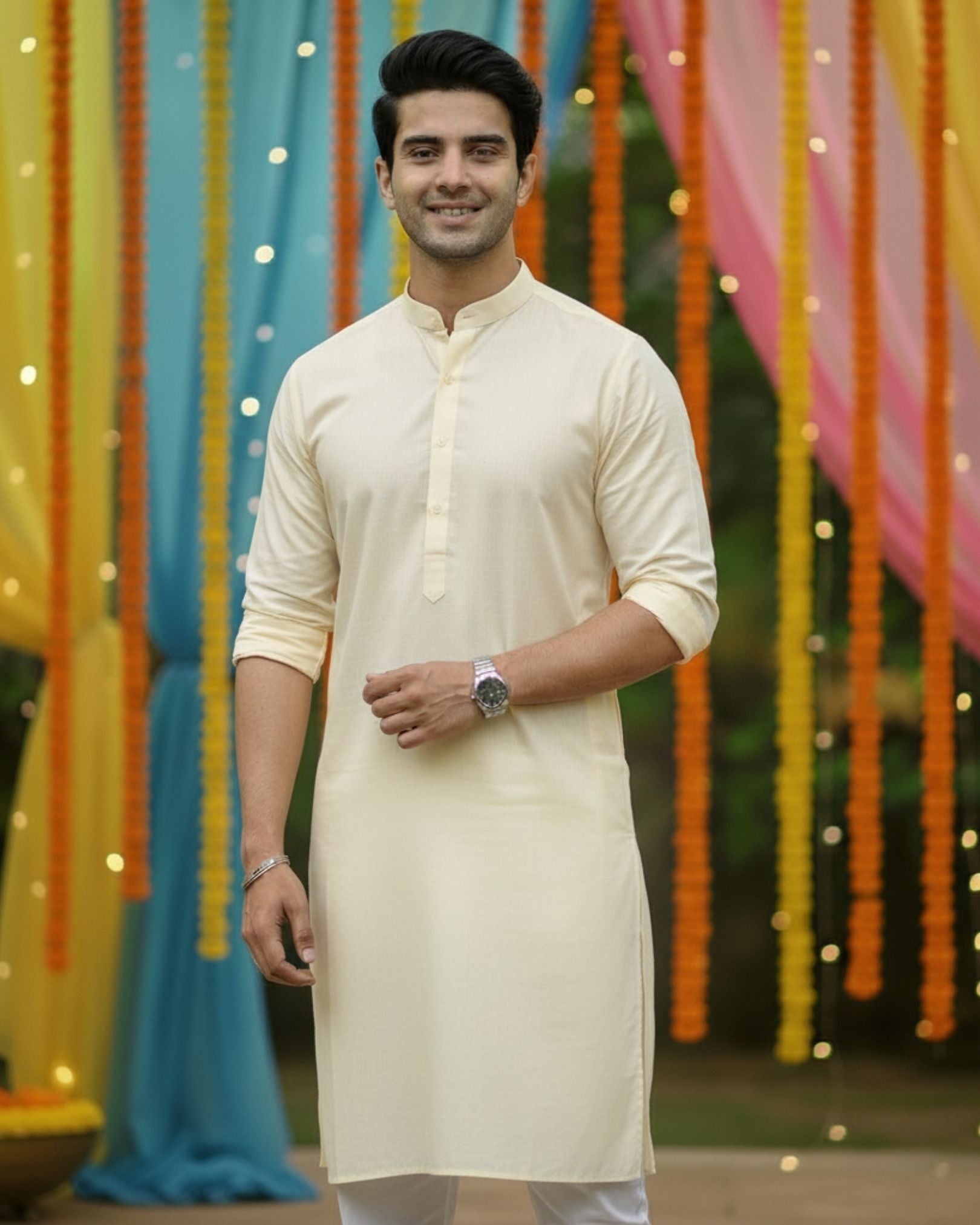 Sunlight Cream – Solid Light Yellow Full Sleeve Kurta - Jaipuri Crown