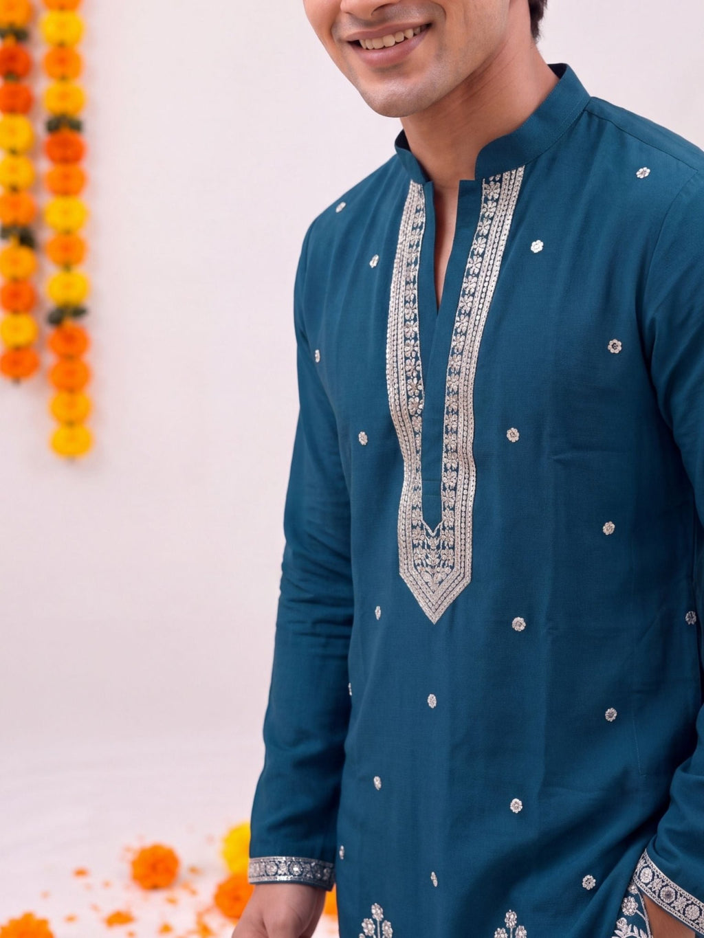 Teal Floral Jaal – Textured Designer Long Kurta - Jaipuri Crown