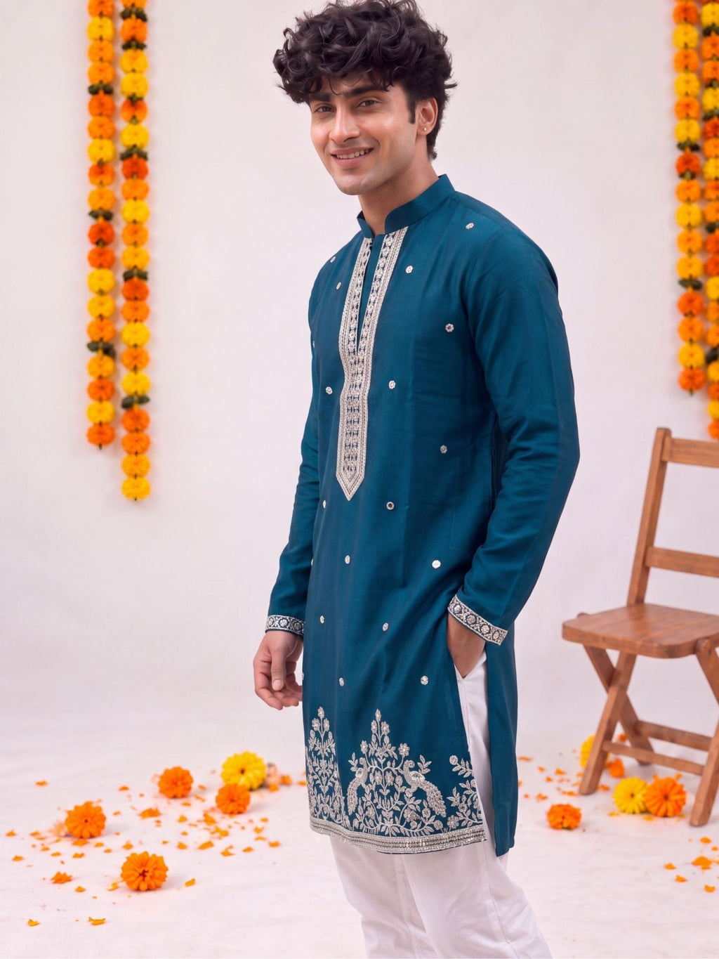 Teal Floral Jaal – Textured Designer Long Kurta - Jaipuri Crown