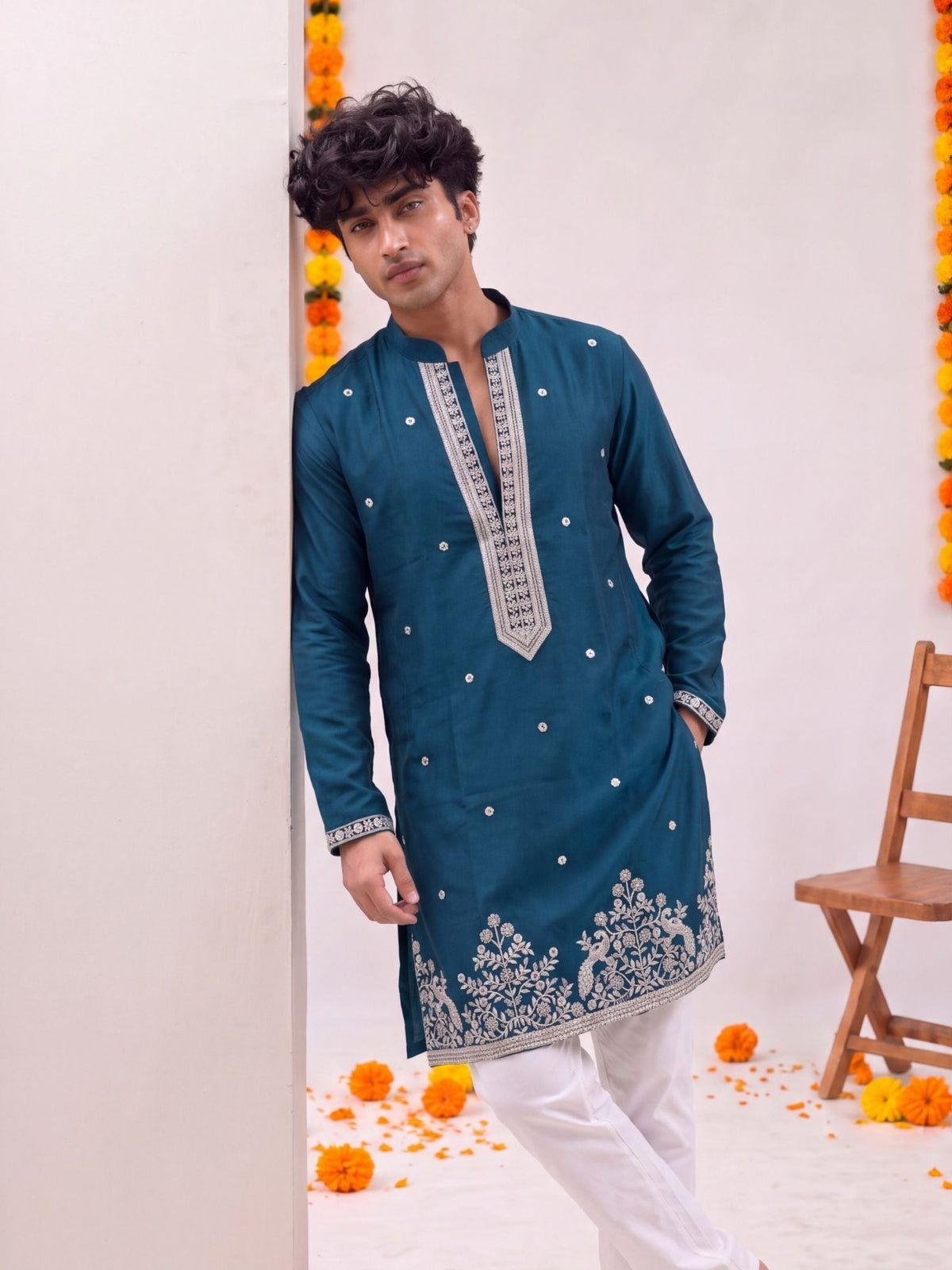 Teal Floral Jaal – Textured Designer Long Kurta - Jaipuri Crown