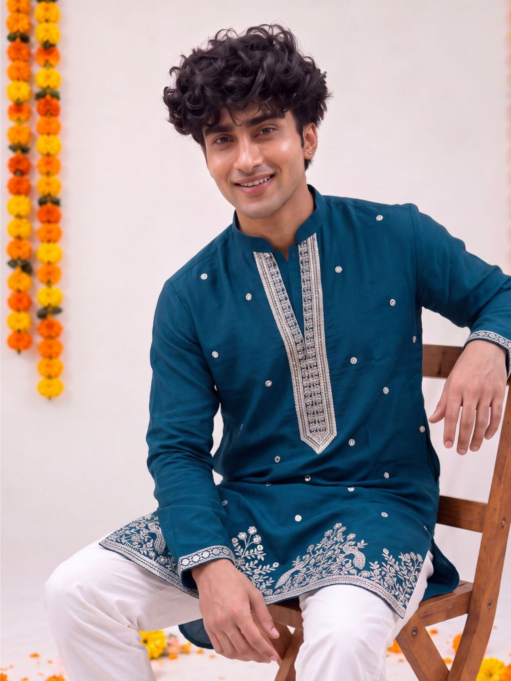Teal Floral Jaal – Textured Designer Long Kurta - Jaipuri Crown