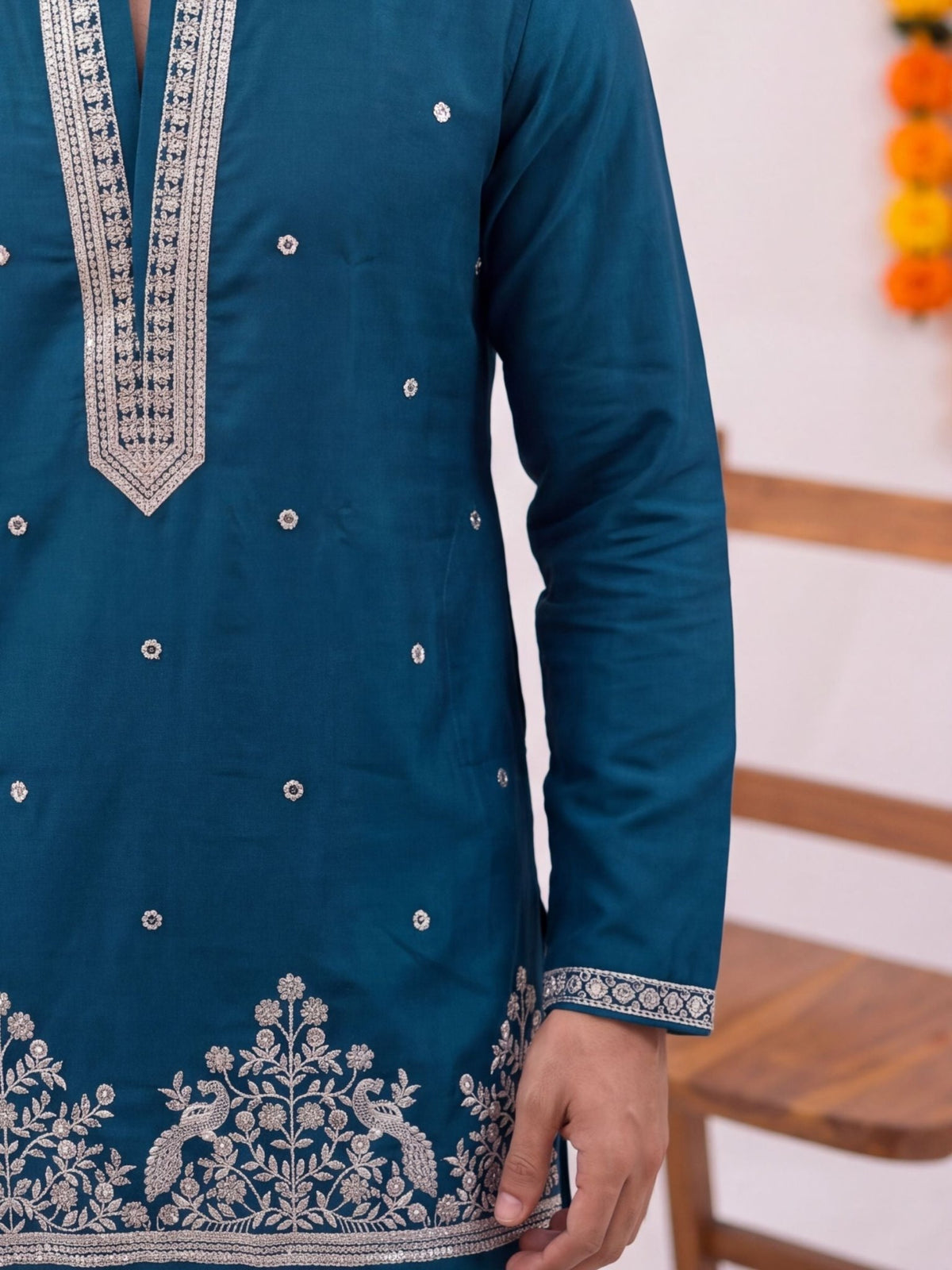 Teal Floral Jaal – Textured Designer Long Kurta - Jaipuri Crown