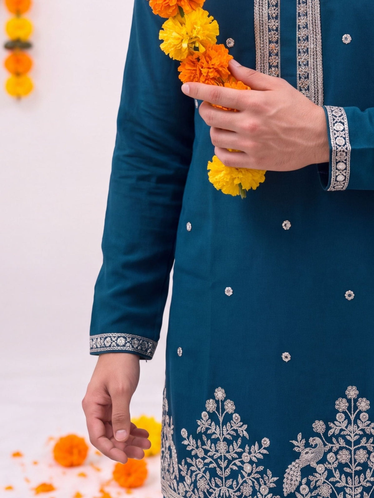 Teal Floral Jaal – Textured Designer Long Kurta - Jaipuri Crown