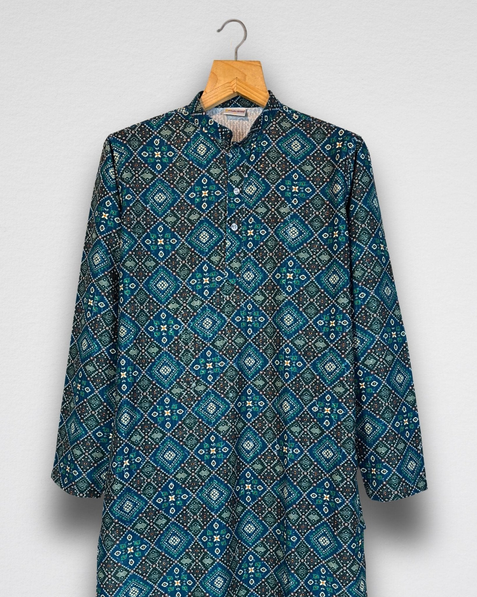 Teel Blue Bandhani Men's Long Kurta with Zari Work - Jaipuri Crown
