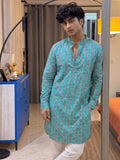 Trendy Printed Long Kurta in Aqua - Jaipuri Crown