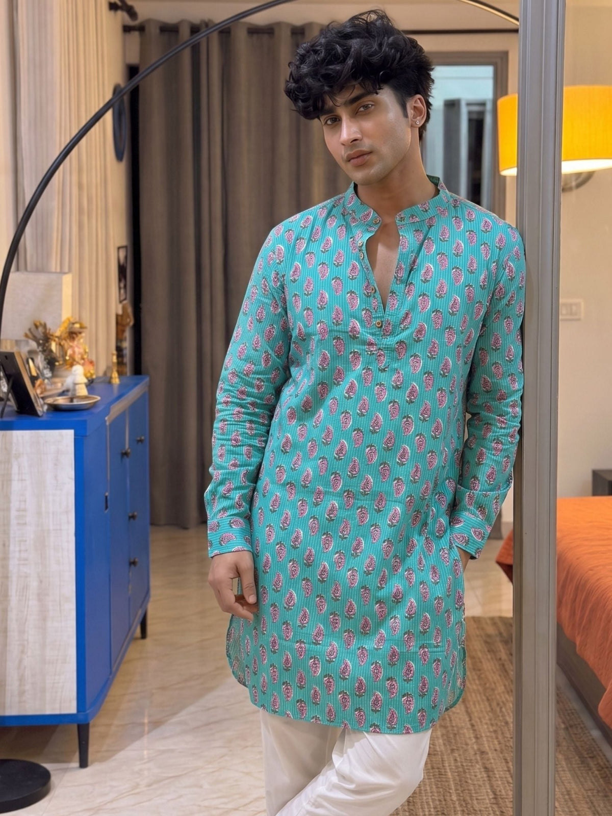 Trendy Printed Long Kurta in Aqua - Jaipuri Crown