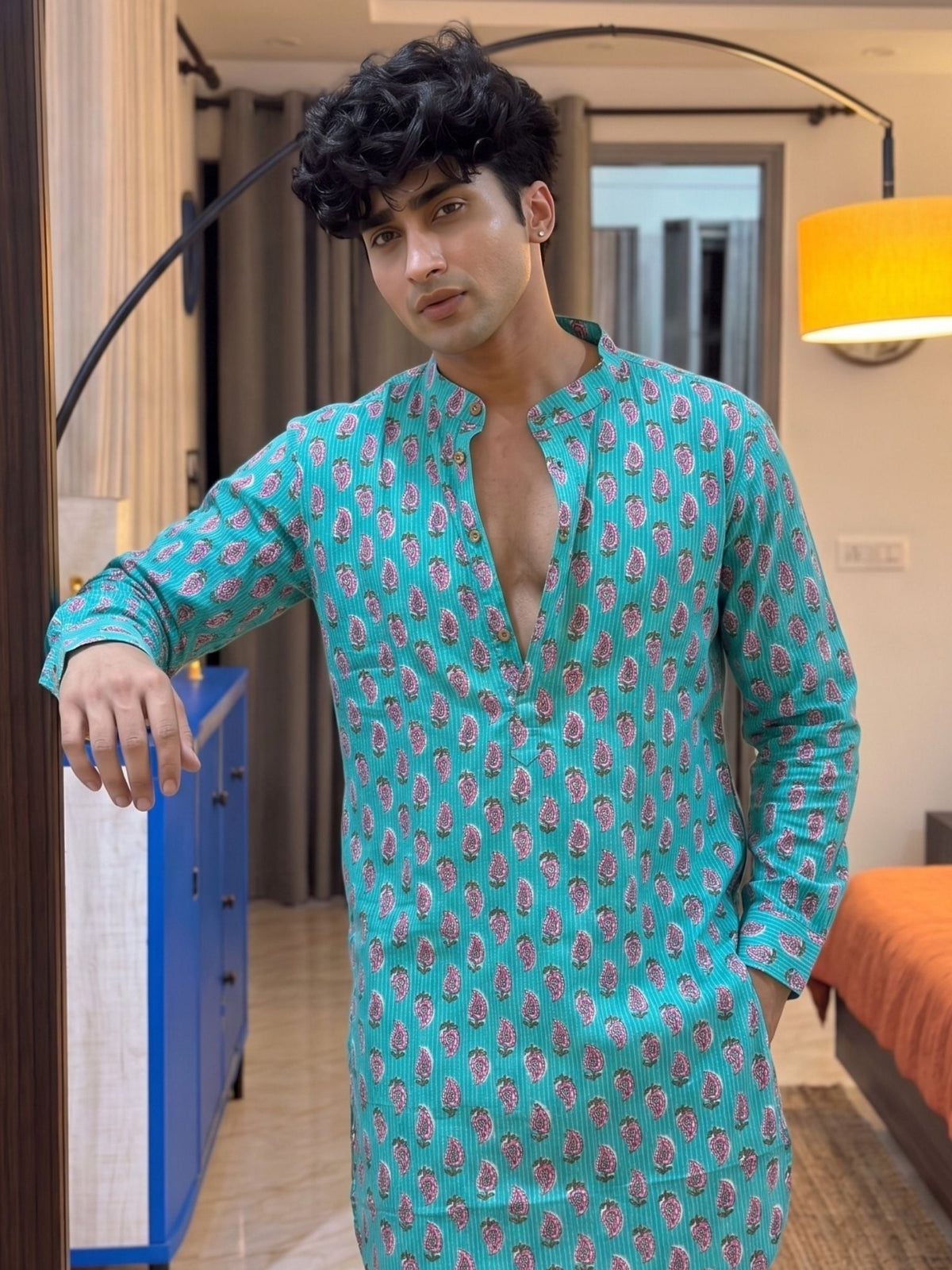 Trendy Printed Long Kurta in Aqua - Jaipuri Crown