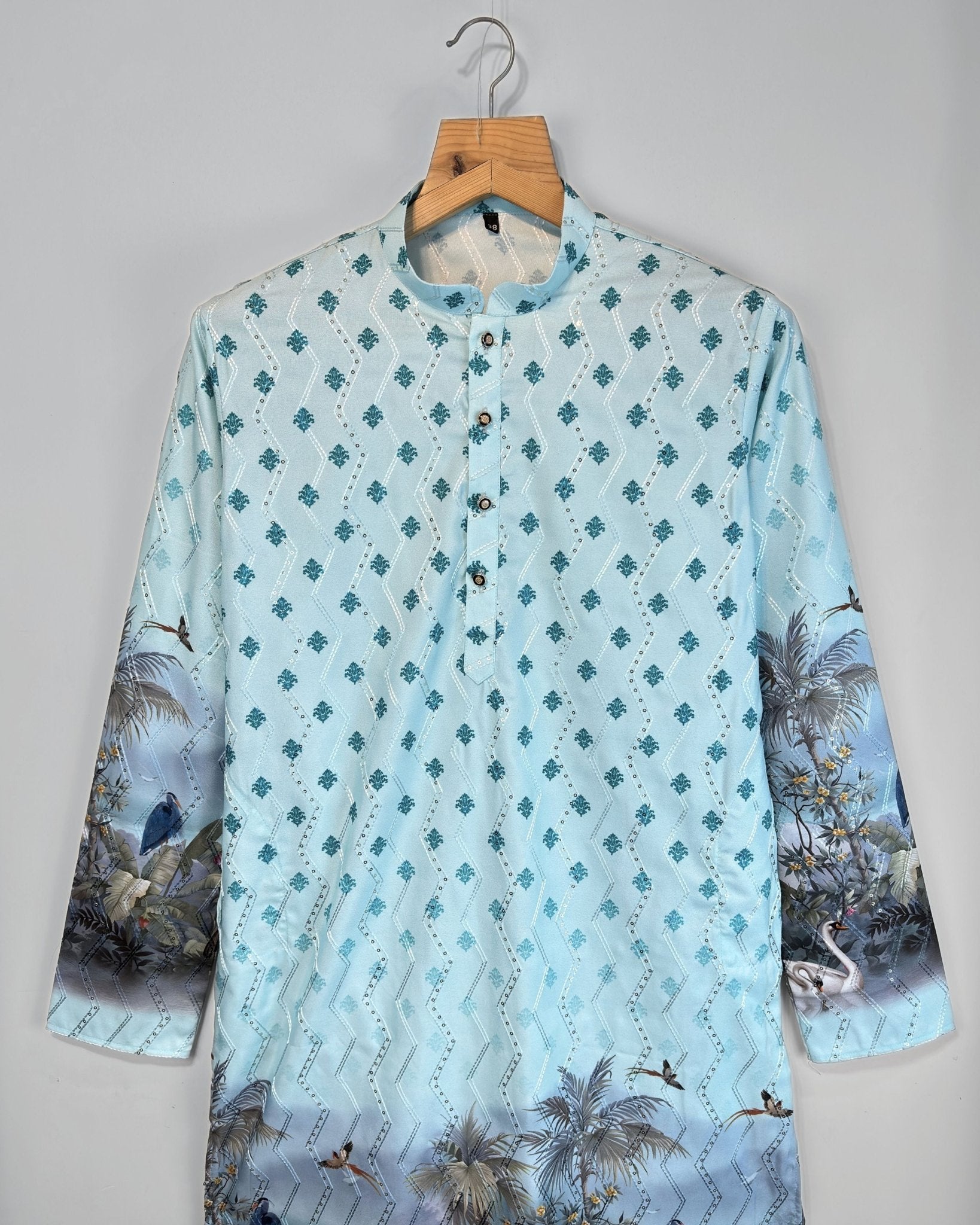 Tropical Mist – Aqua Blue Printed Long Kurta for Men - Jaipuri Crown