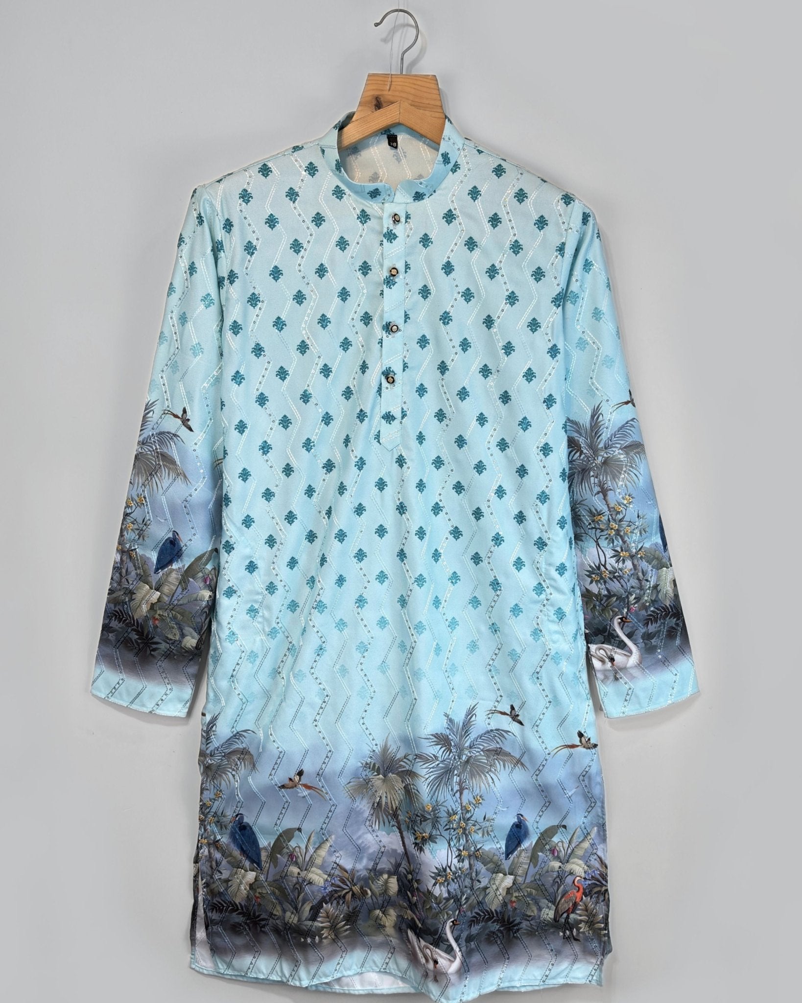 Tropical Mist – Aqua Blue Printed Long Kurta for Men - Jaipuri Crown