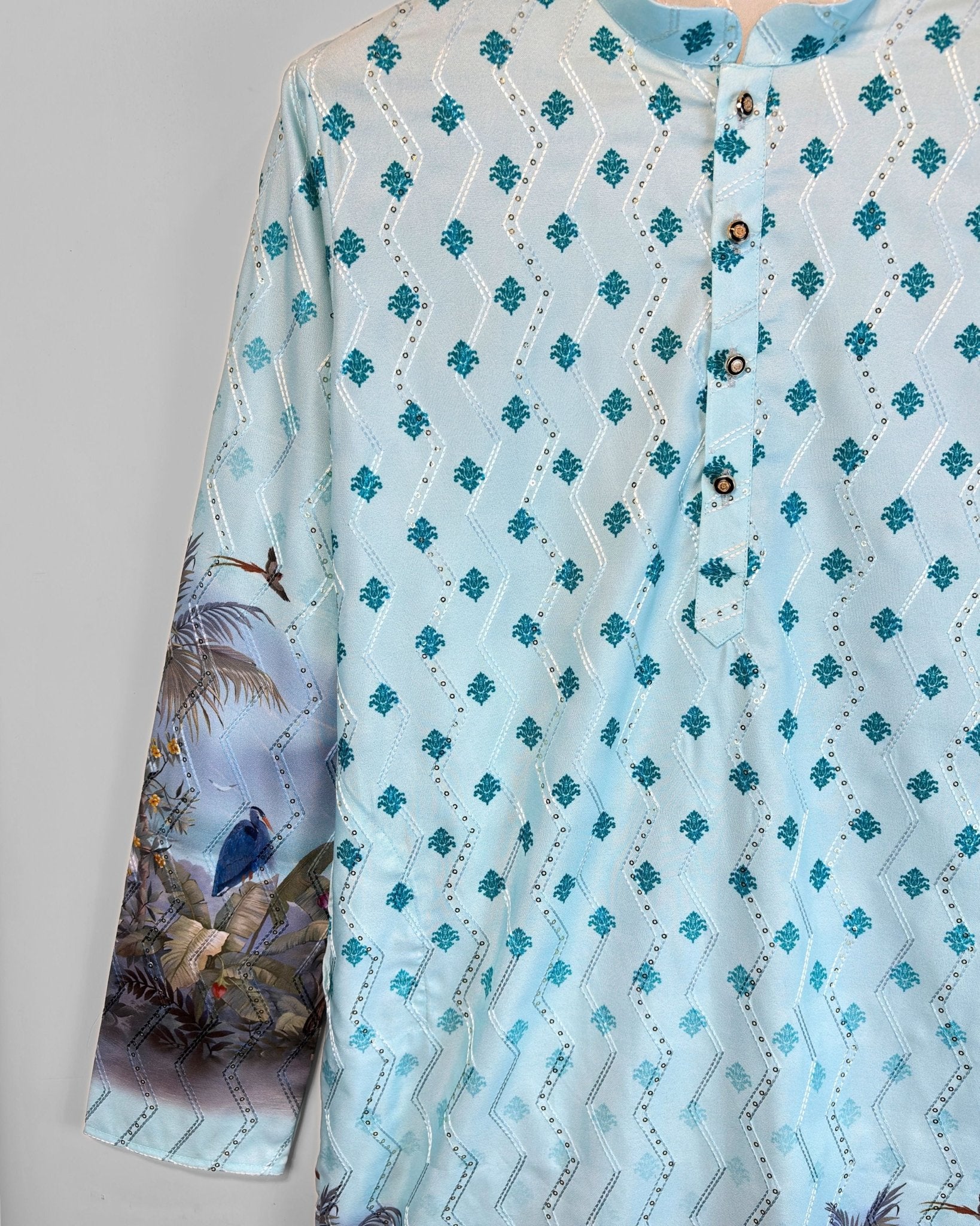 Tropical Mist – Aqua Blue Printed Long Kurta for Men - Jaipuri Crown