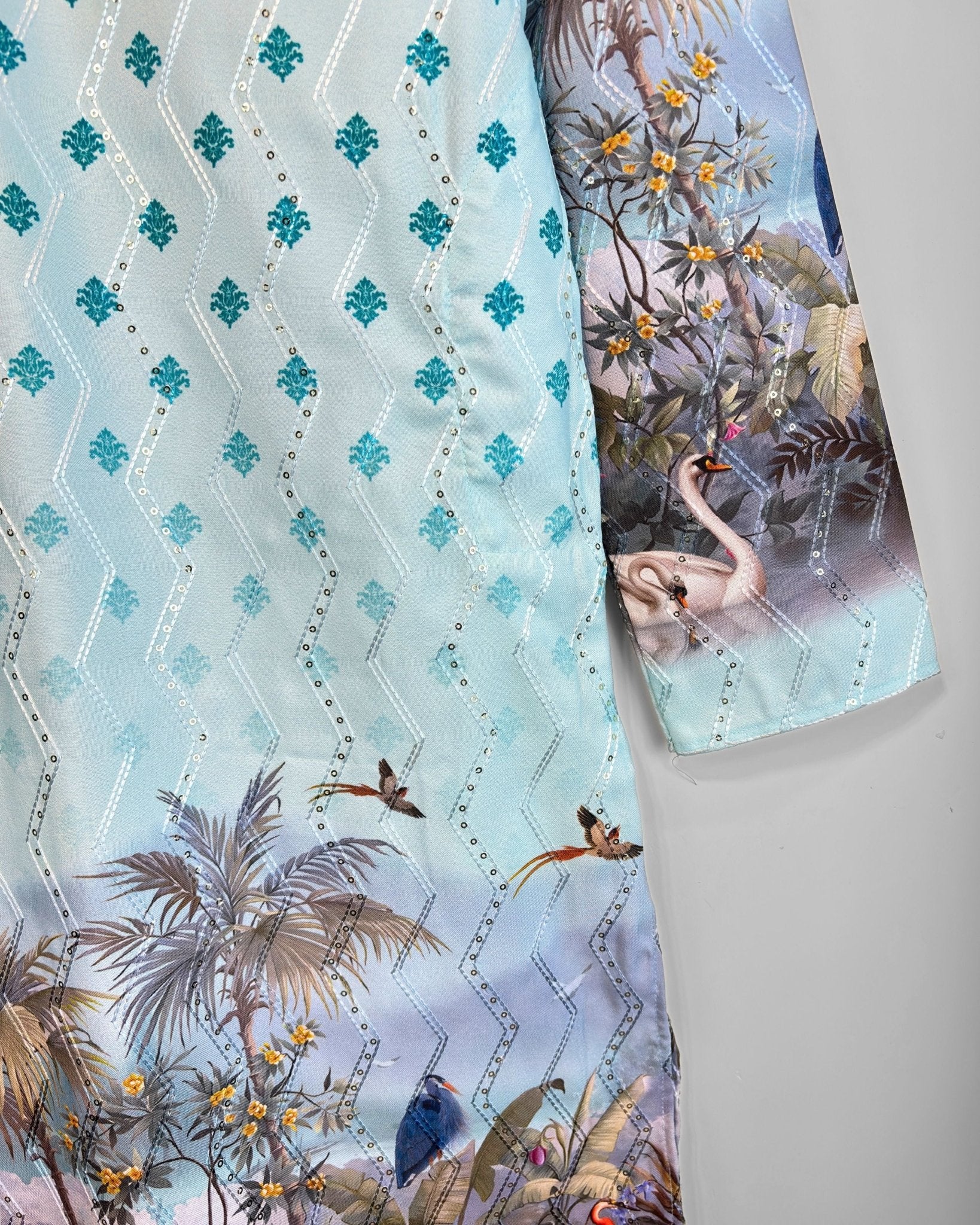 Tropical Mist – Aqua Blue Printed Long Kurta for Men - Jaipuri Crown