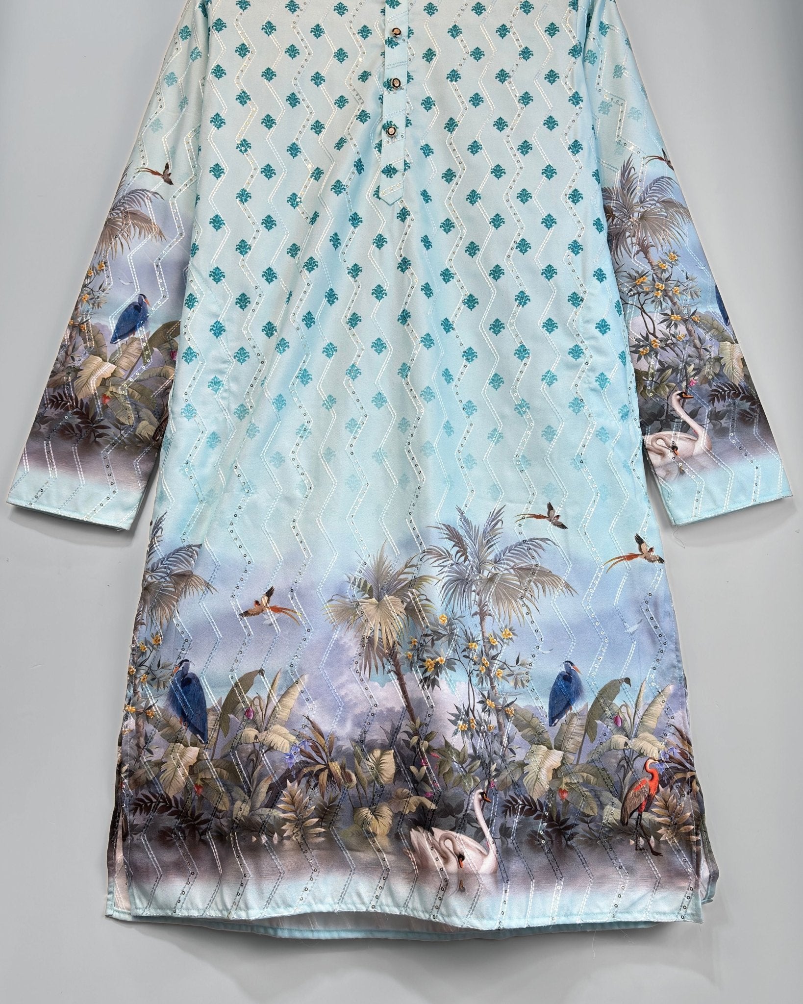 Tropical Mist – Aqua Blue Printed Long Kurta for Men - Jaipuri Crown