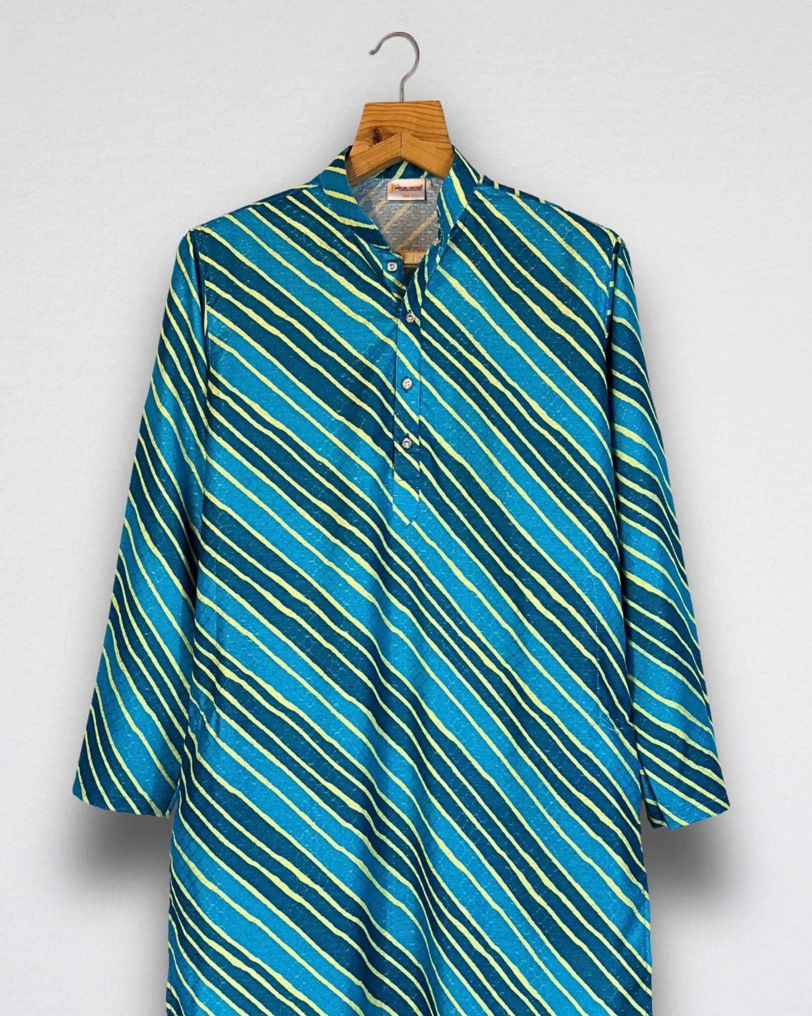 Turquoise Leheriya Men's Long Kurta with Zari Work - Jaipuri Crown