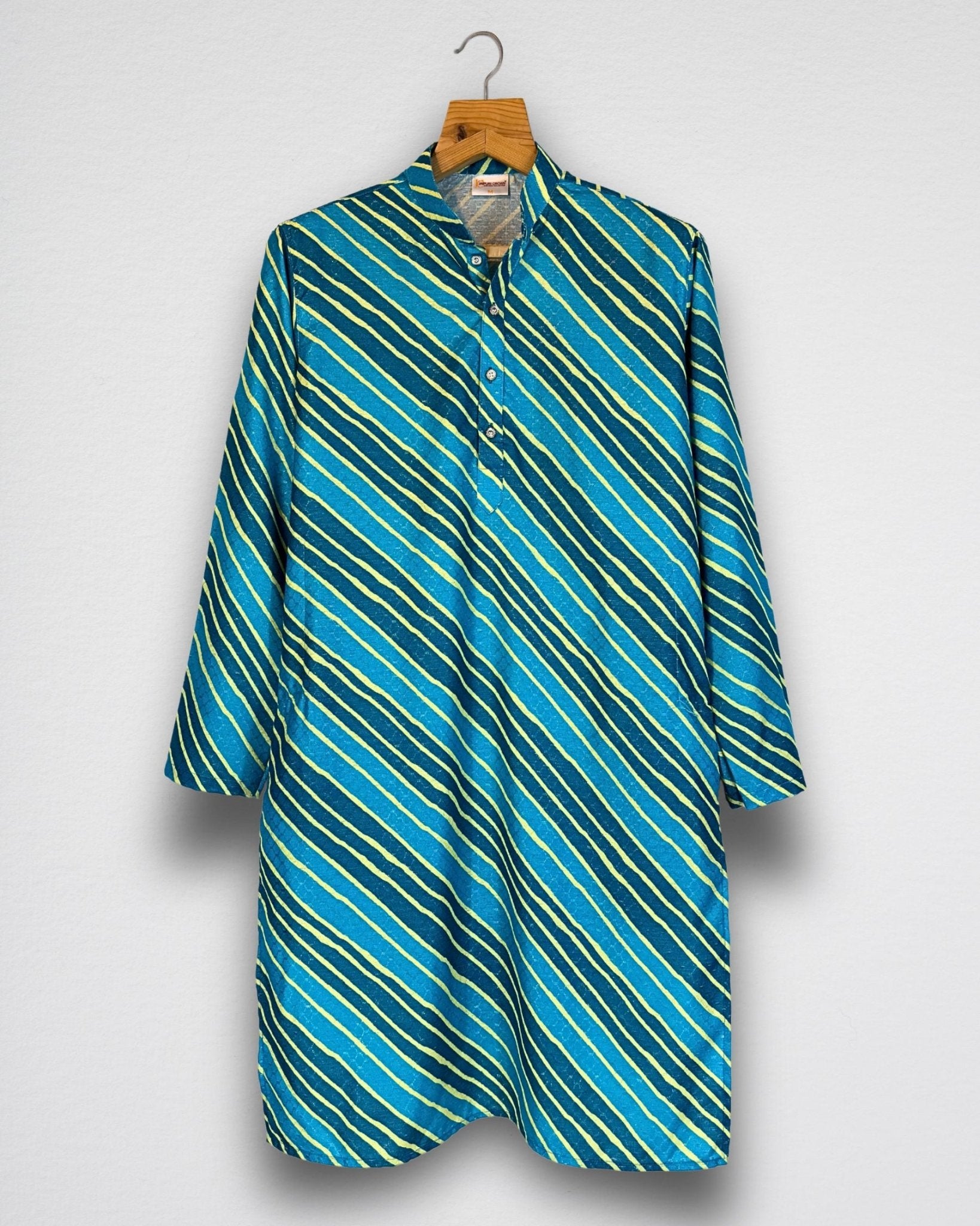 Turquoise Leheriya Men's Long Kurta with Zari Work - Jaipuri Crown