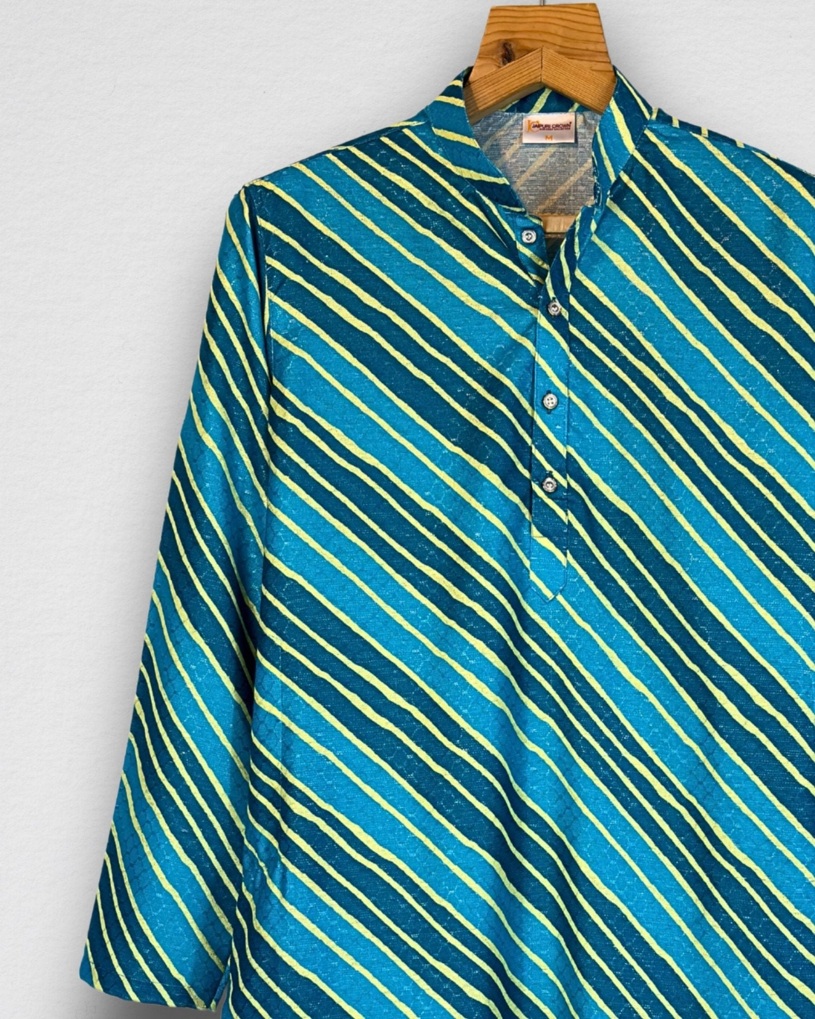 Turquoise Leheriya Men's Long Kurta with Zari Work - Jaipuri Crown