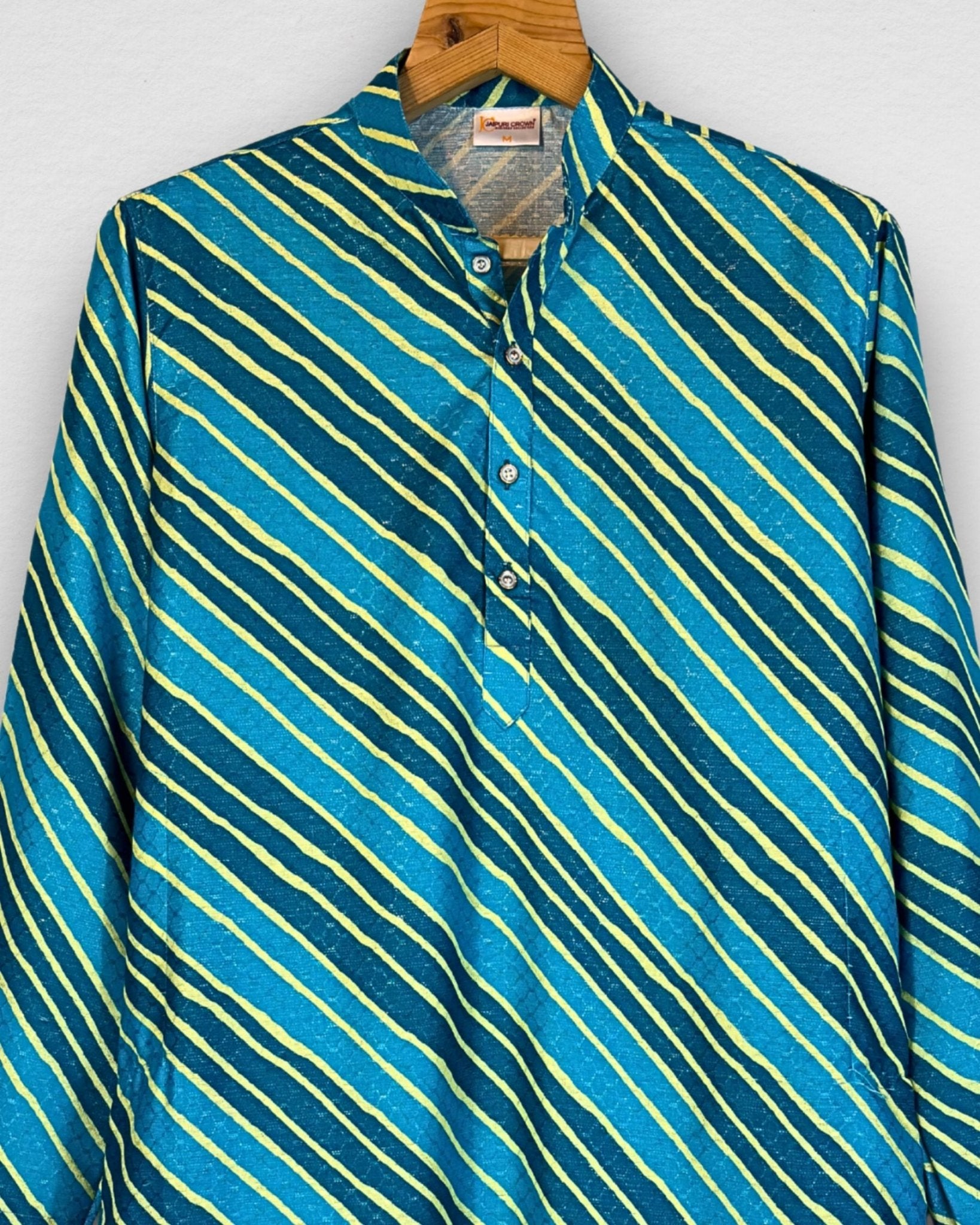 Turquoise Leheriya Men's Long Kurta with Zari Work - Jaipuri Crown