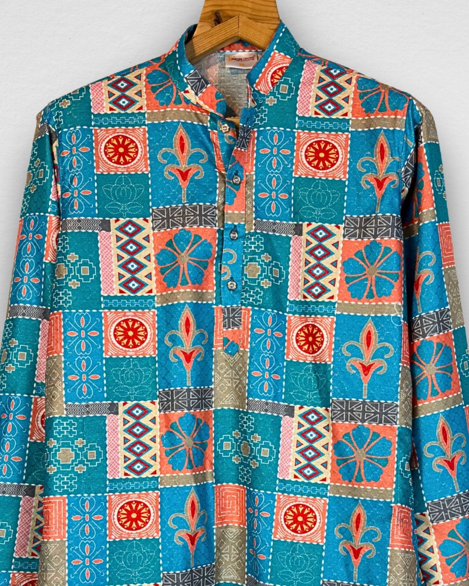 Turquoise Patchwork Men's Long Kurta with Zari Work - Jaipuri Crown