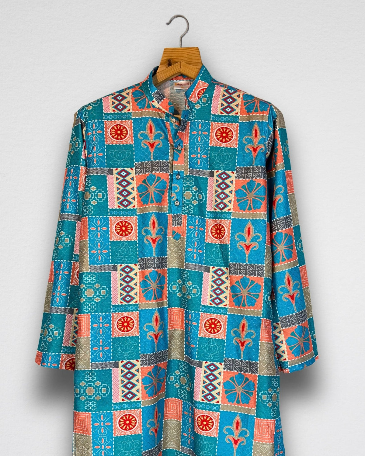 Turquoise Patchwork Men's Long Kurta with Zari Work - Jaipuri Crown