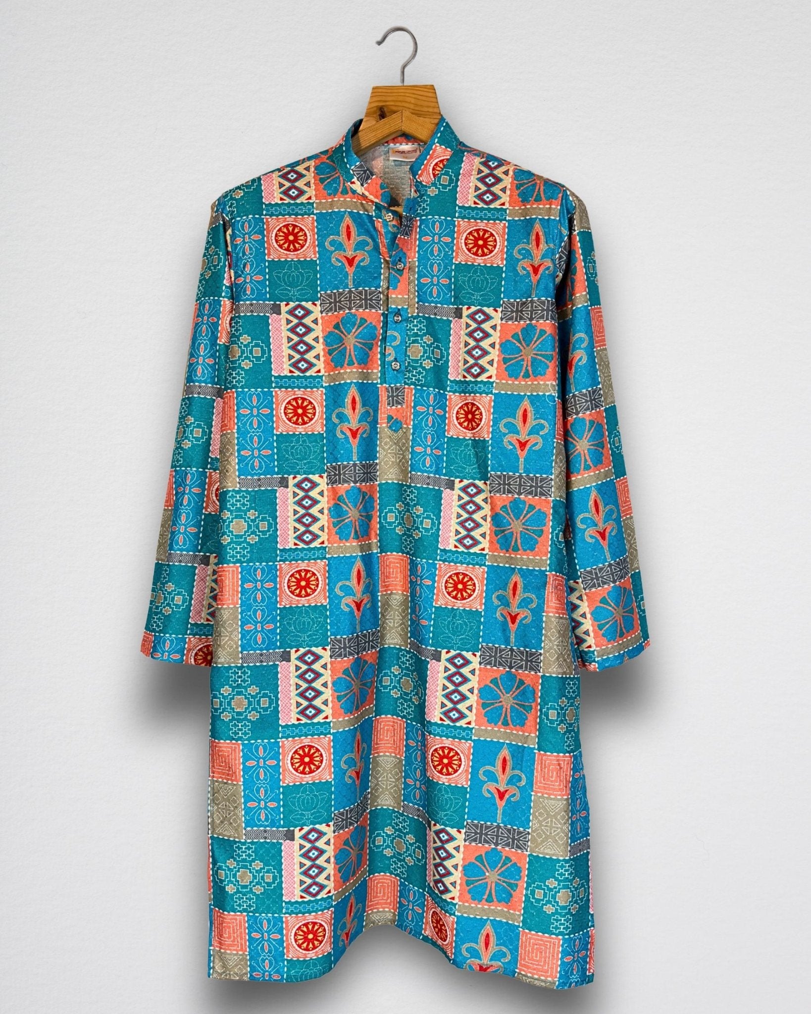 Turquoise Patchwork Men's Long Kurta with Zari Work - Jaipuri Crown