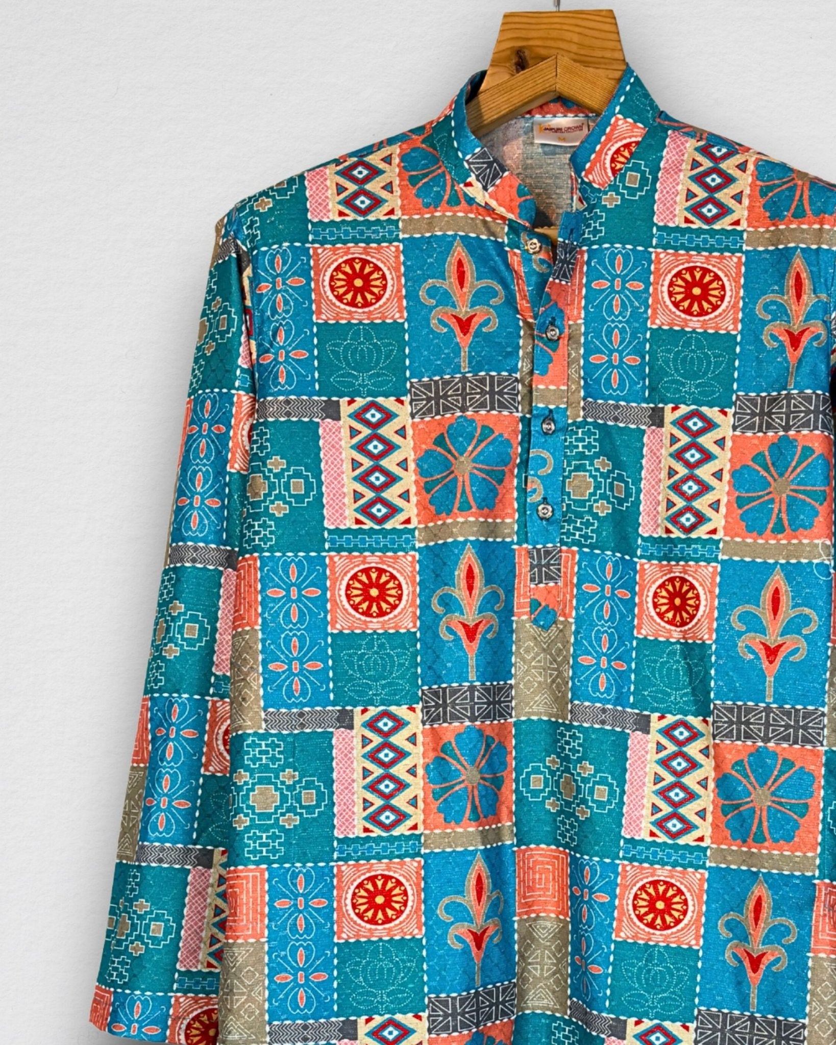 Turquoise Patchwork Men's Long Kurta with Zari Work - Jaipuri Crown