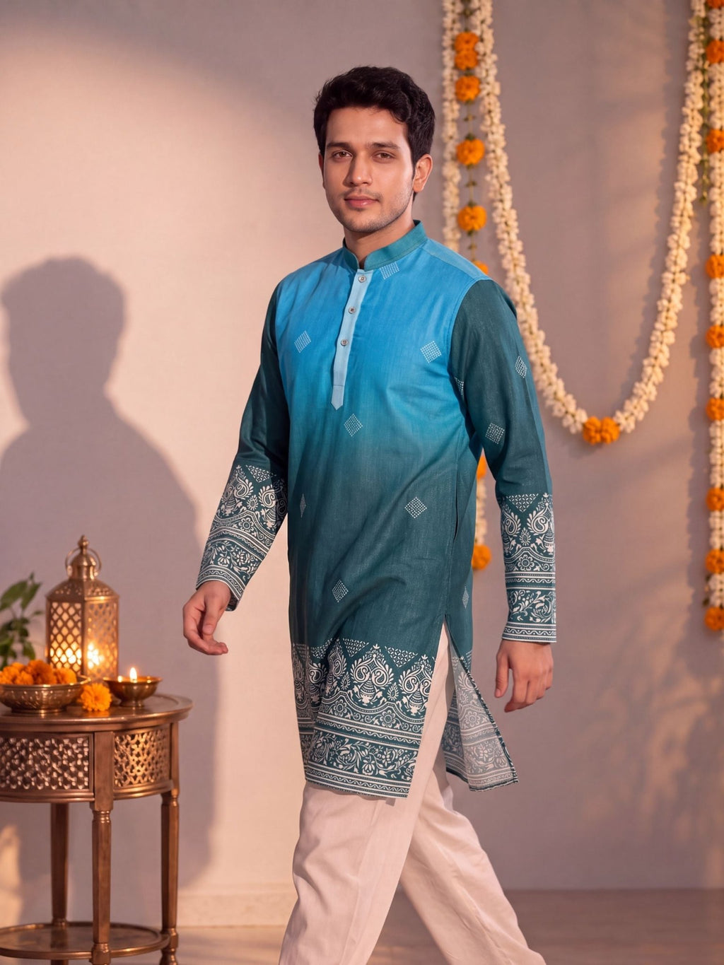 Turquoise Slub – Plan Long Kurta - Jaipuri Crown