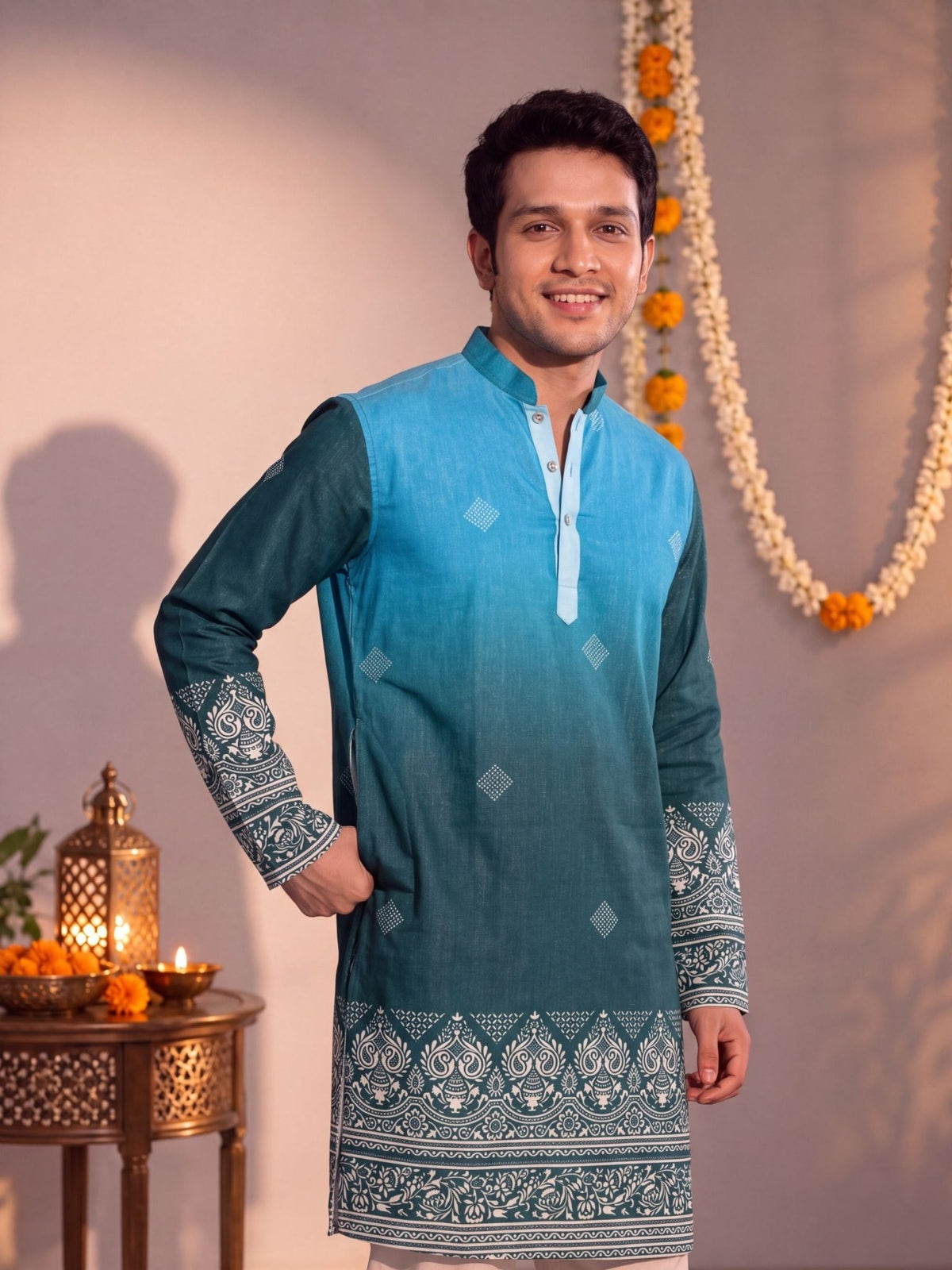 Turquoise Slub – Plan Long Kurta - Jaipuri Crown