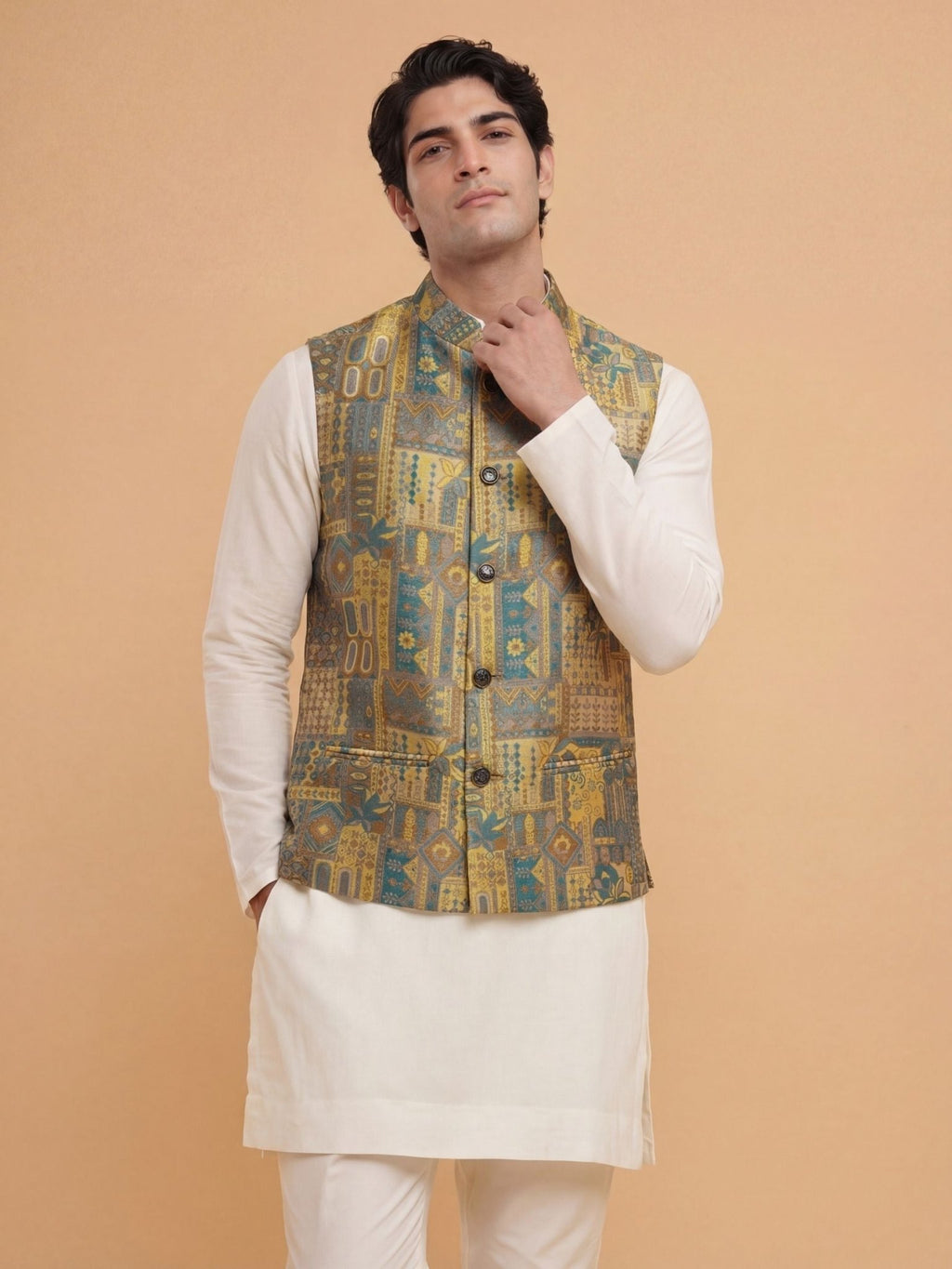 "विभूति" (Vibhuti) Heritage Patchwork Jacquard Modi Jacket - Jaipuri Crown