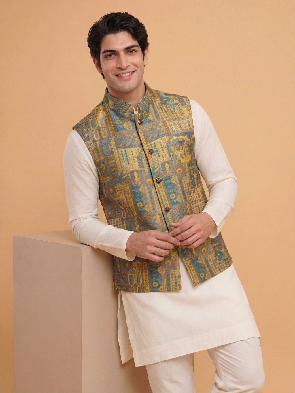 "विभूति" (Vibhuti) Heritage Patchwork Jacquard Modi Jacket - Jaipuri Crown
