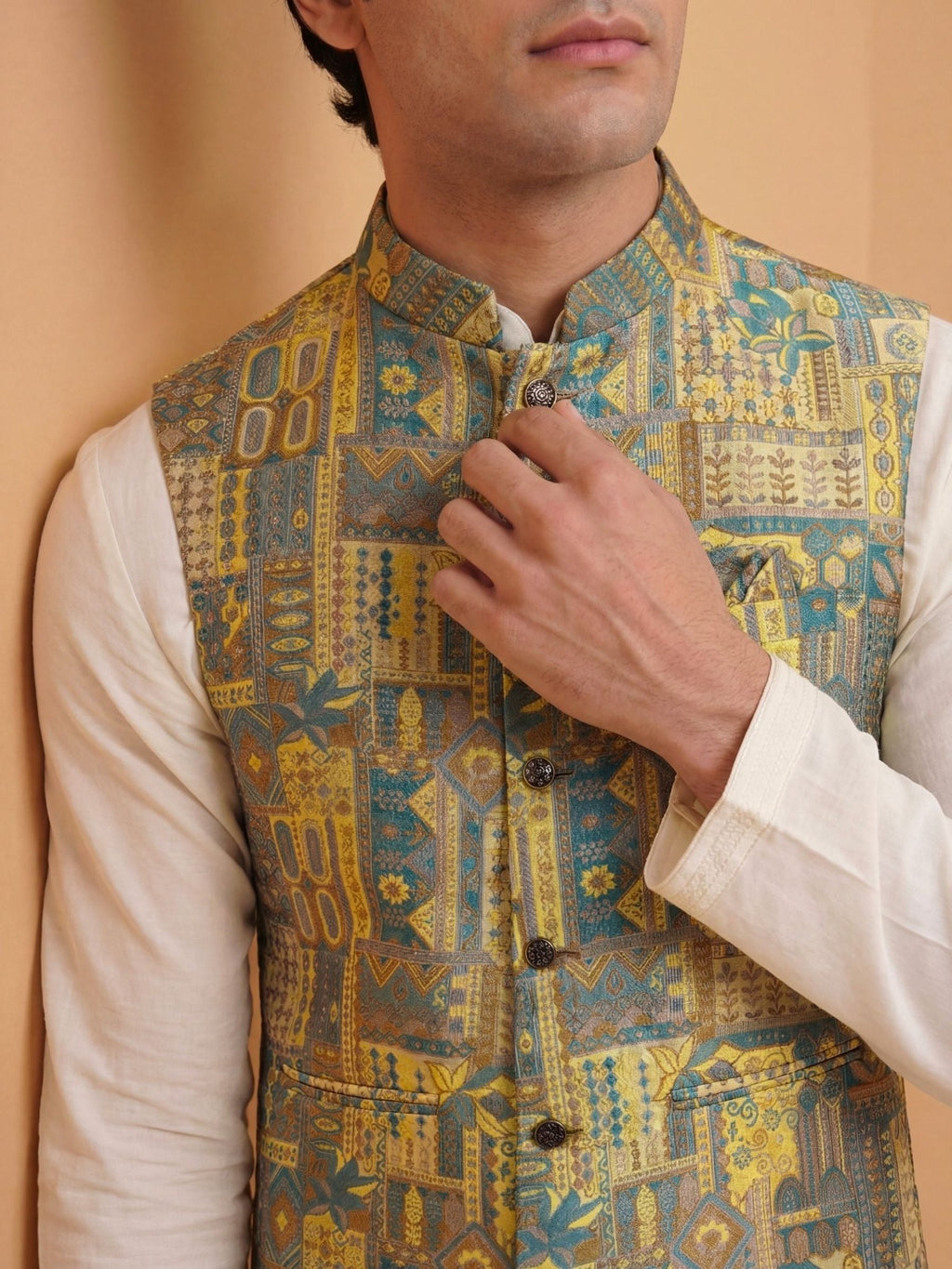 "विभूति" (Vibhuti) Heritage Patchwork Jacquard Modi Jacket - Jaipuri Crown