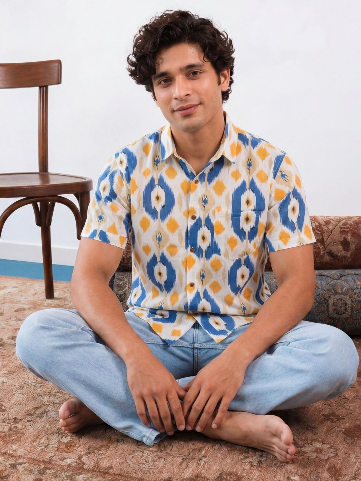 Vibrant Ikat – Men's Cotton Half Sleeve Shirt - Jaipuri Crown