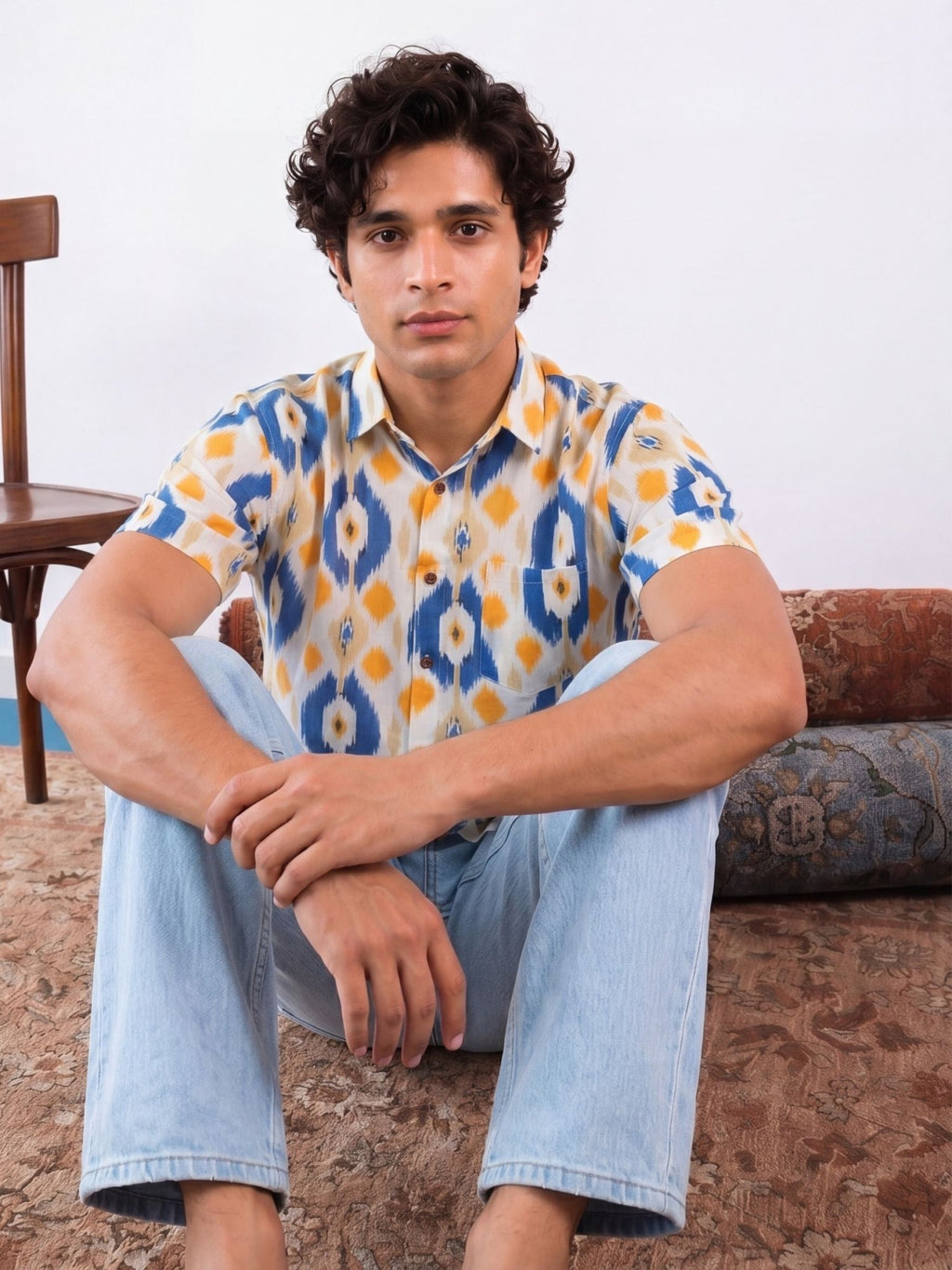 Vibrant Ikat – Men's Cotton Half Sleeve Shirt - Jaipuri Crown