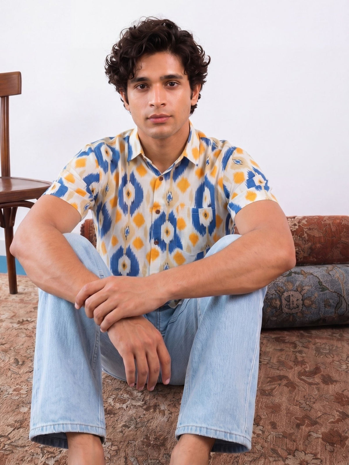 Vibrant Ikat – Men's Cotton Half Sleeve Shirt - Jaipuri Crown