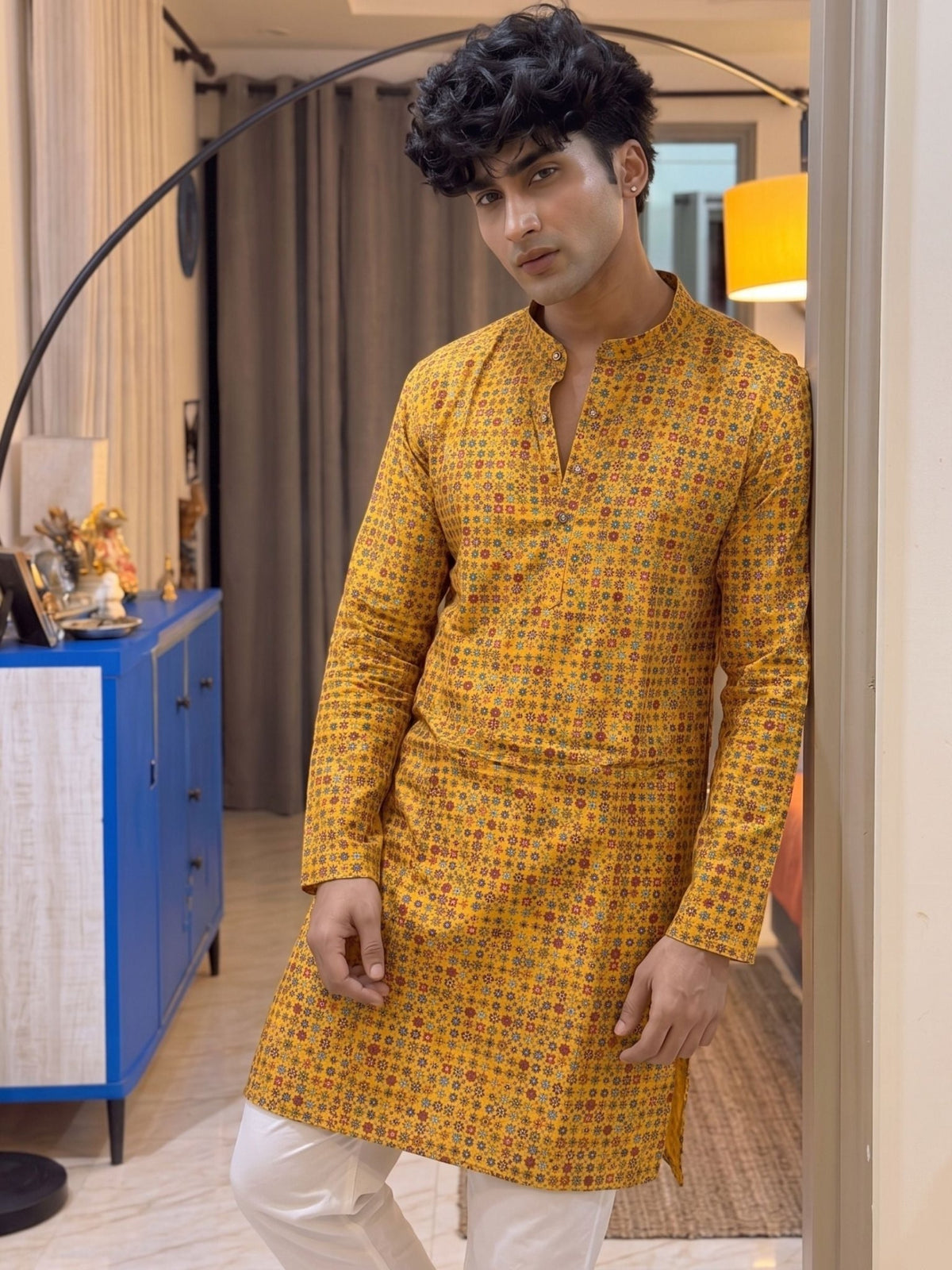 Vibrant Printed Long Kurta in Yellow - Jaipuri Crown