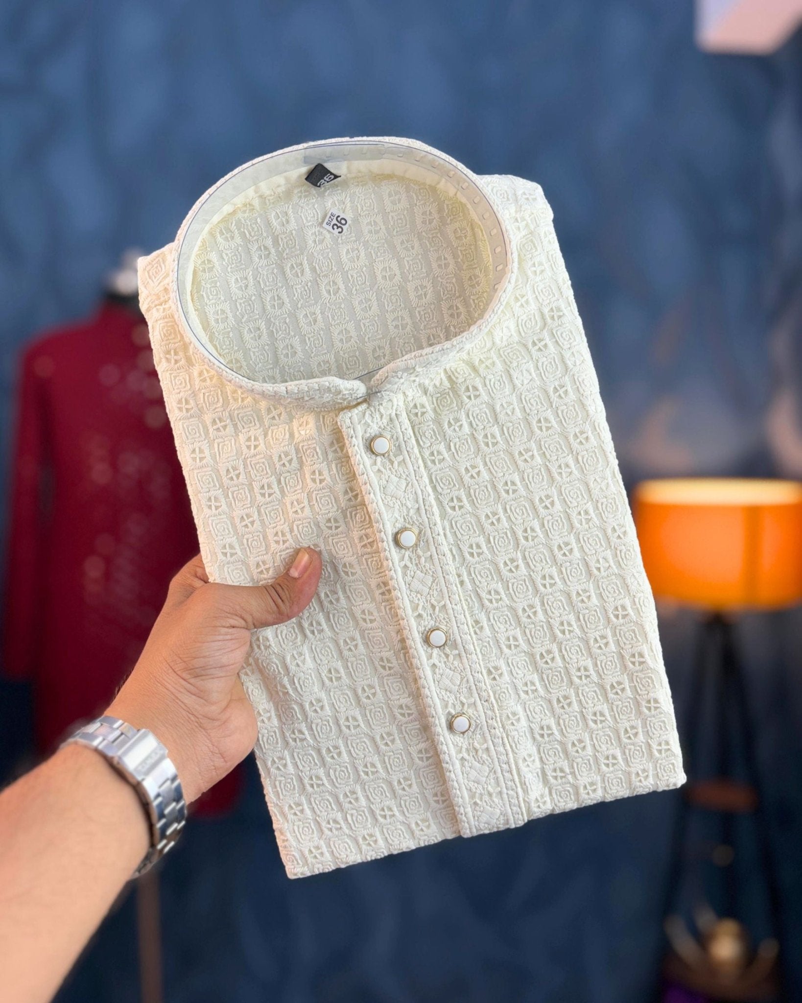 White Chikankari Sequinned Kurta - Jaipuri Crown
