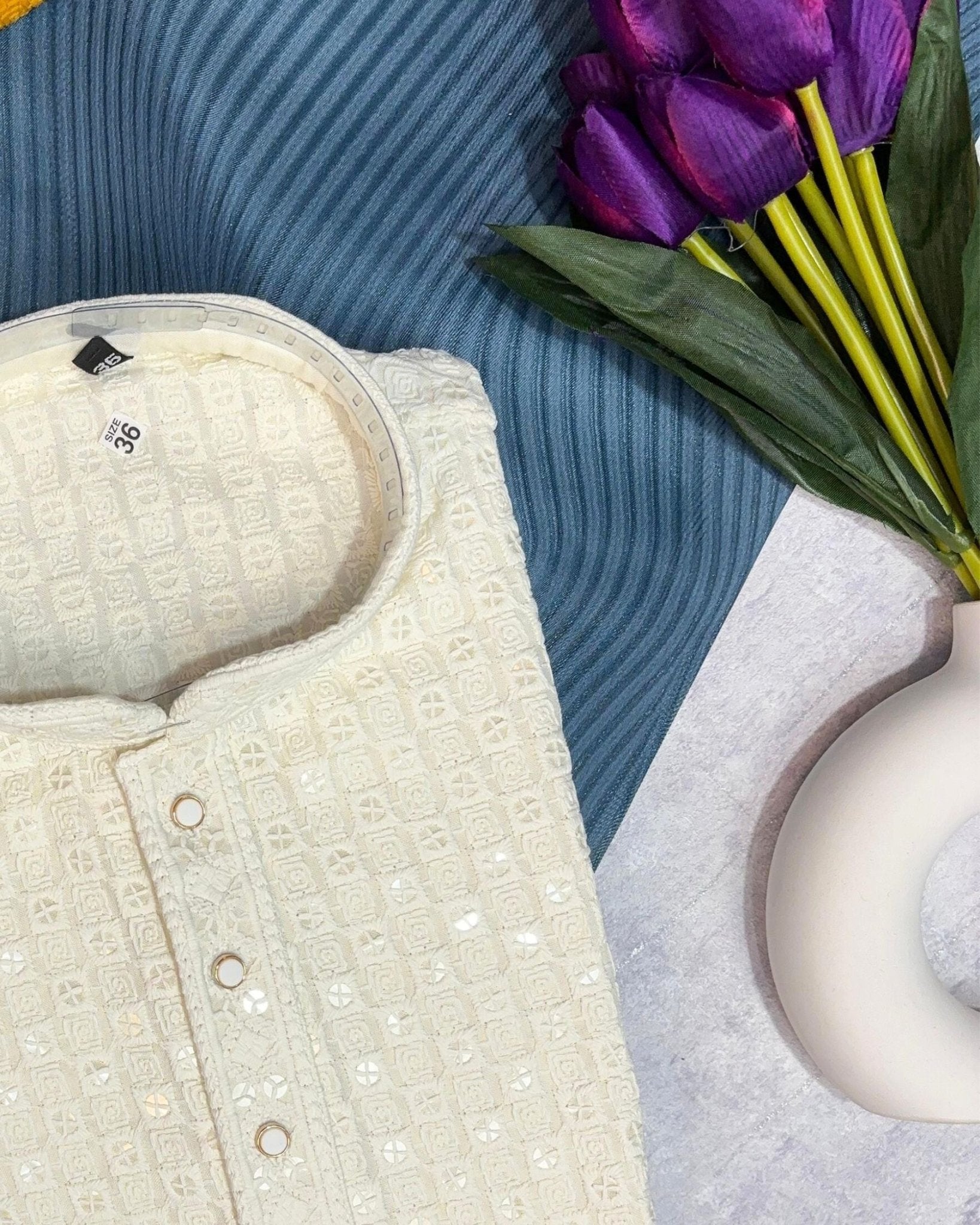 White Chikankari Sequinned Kurta - Jaipuri Crown