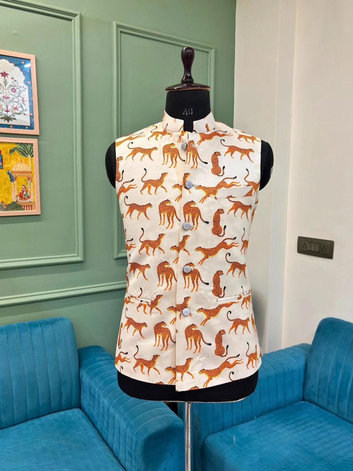 Wild Leopard Nehru Jacket - Jaipuri Crown